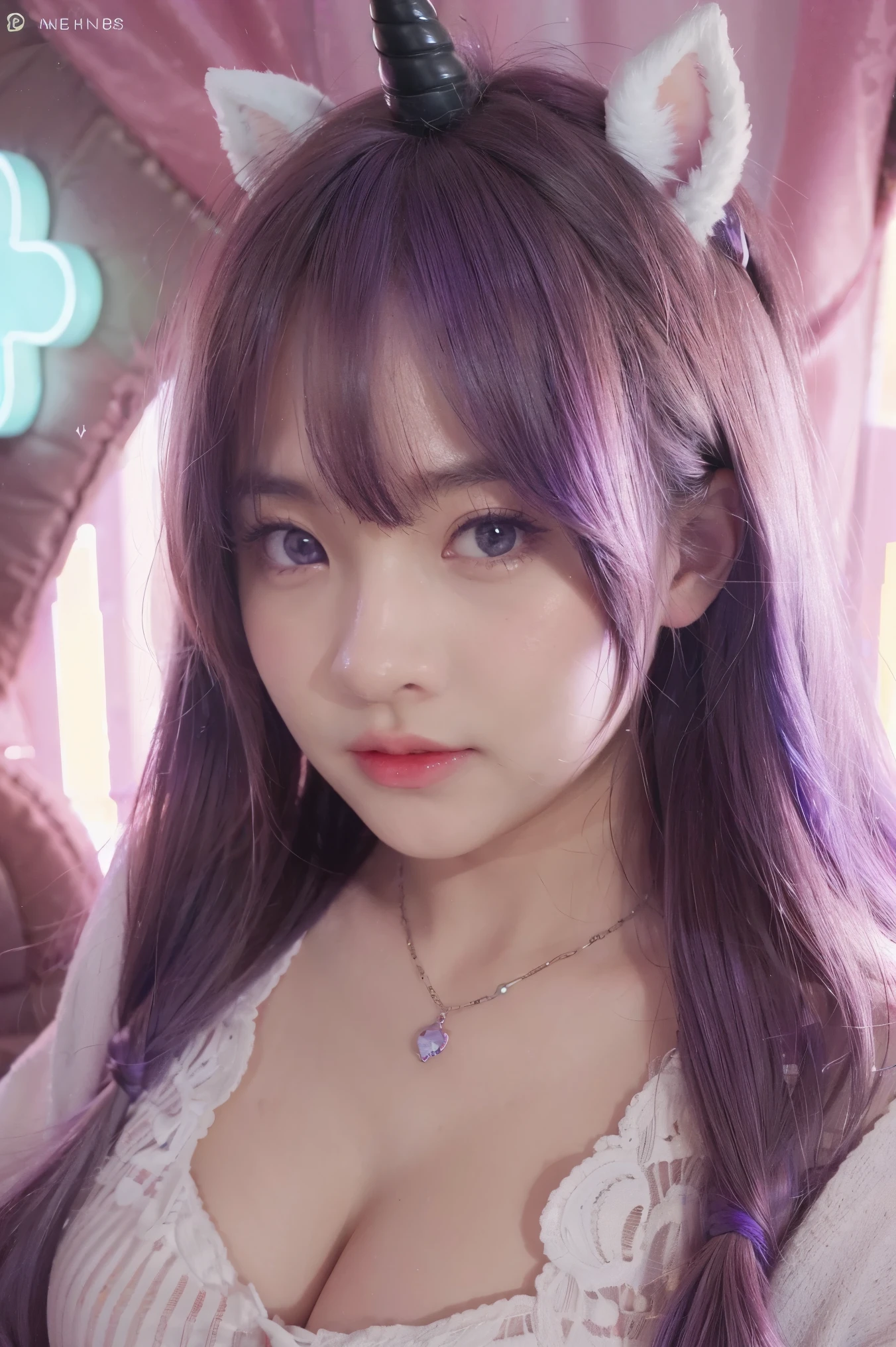 Wise eyes, unicorn, purple hair , with 1 girl,