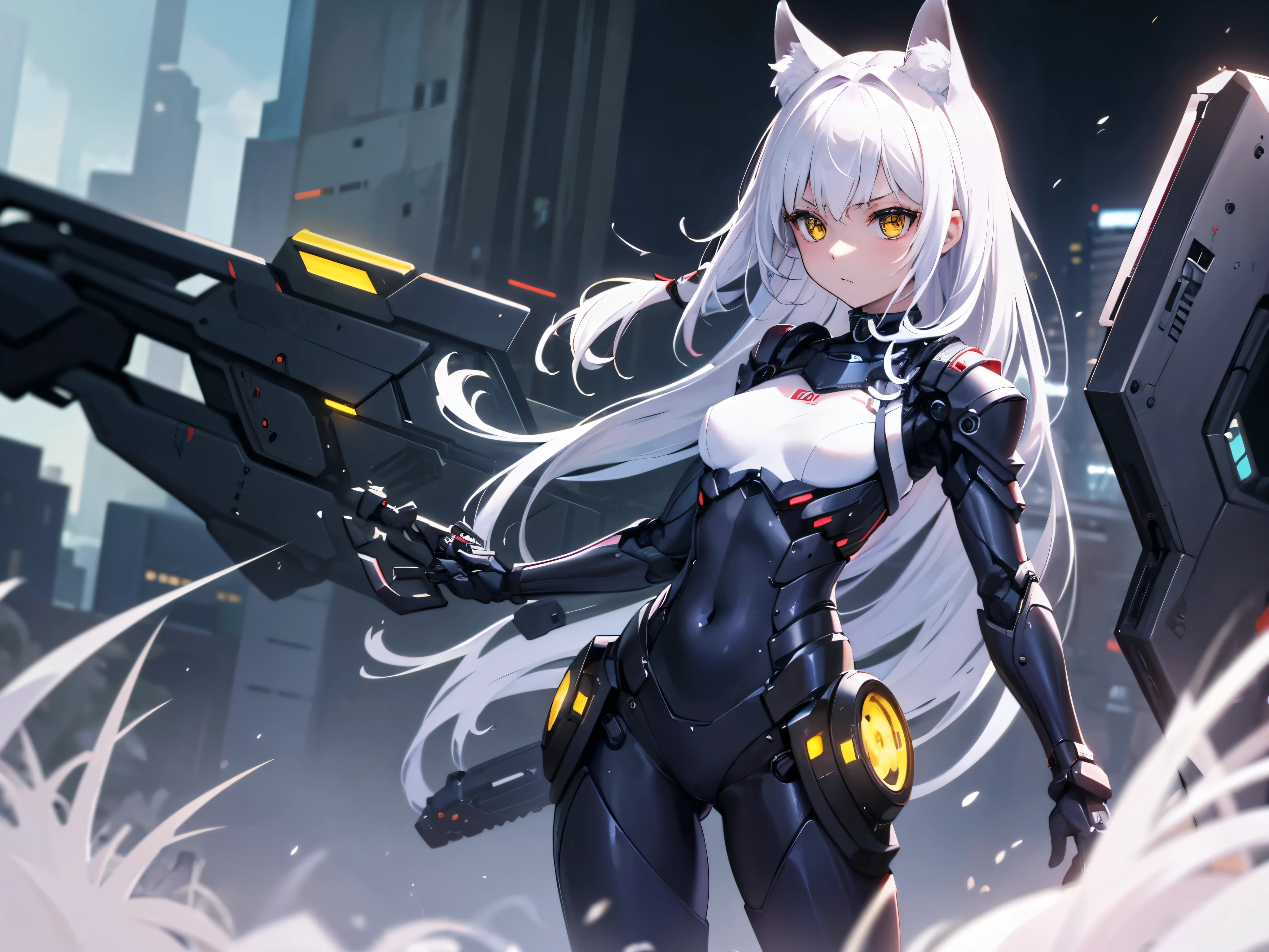 masterpiece, highest quality, Perfect Face, Highest Resolution, Highest quality,Detailed depiction of the eyes, foxy, 1 girl, young, slender body, small breasts, White Hair, Long Hair,one side braid grated, Big cat eyes, Yellow Eyes, cyber punk, Perfect Anatomy, Black ribbon choker, ruined city, navy blue mechanical exoskeleton body, pale white body armor, mechanical combat helmet, Assault