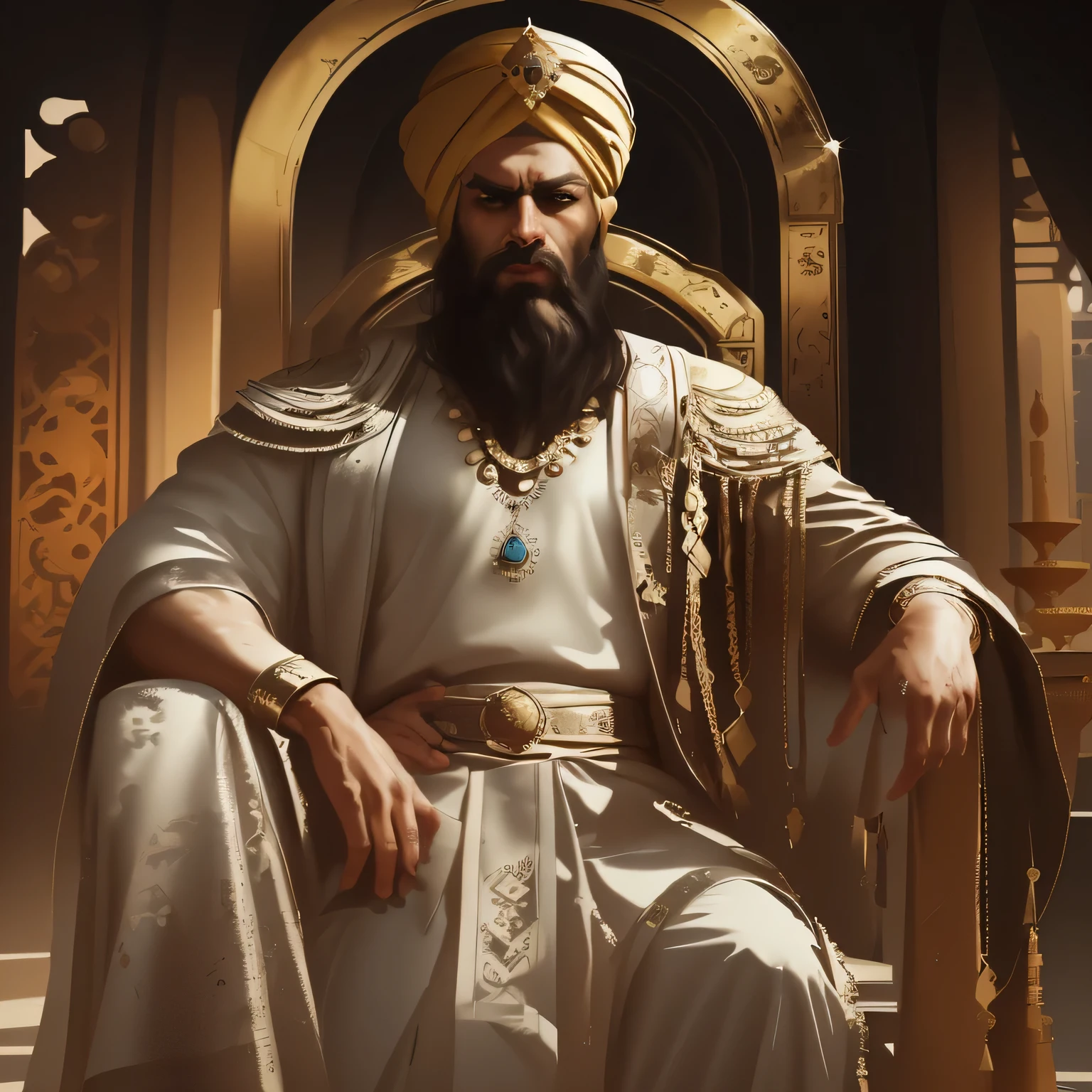 concept art, painting style, 4k , a Persian king standing while wearing a turban on his head