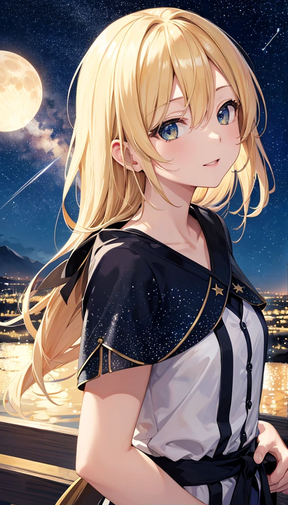 masterpiece, high quality, 4K, Beautiful design, silhouette,blonde, 非常に詳細な夜のStarry Sky,water'Edge, wonderful, Finer details, Very knowledgeable woman, Highly detailed solo, 1 female,Big Breasts, Pure white dress,Night view,Starry Sky,