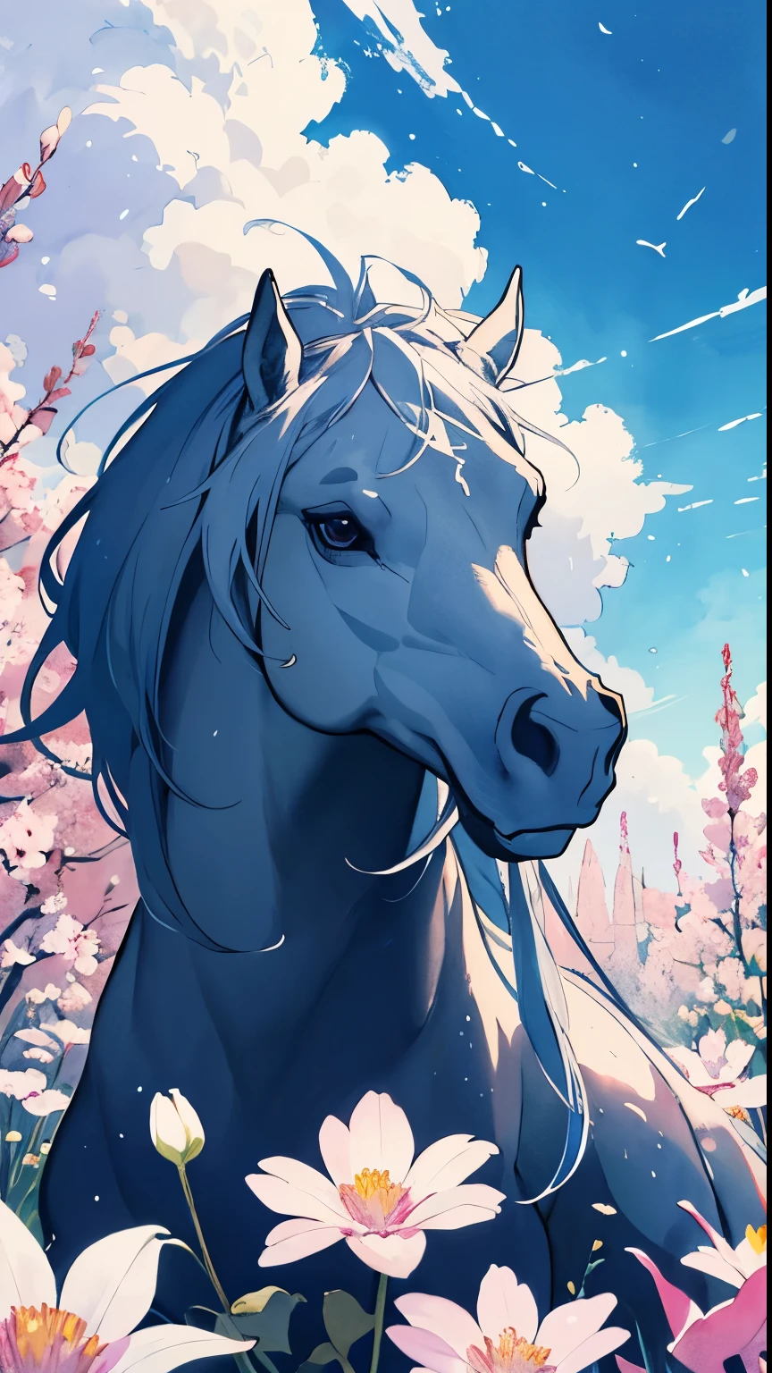 “Un cheval se tenant majestueusement dans un champ de fleurs colorées, raising your head and looking towards the sky. L’image est rendue dans un style portrait et en aquarelle, capturing the softness and serenity of the scene with soft colors and delicate strokes.”