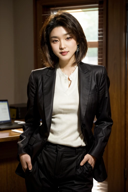 Attractive asian woman, businesswoman, banker, casual business suit attire, huge chest, huge hips, short tomboyish hair, earrings, teeth smile, office desk