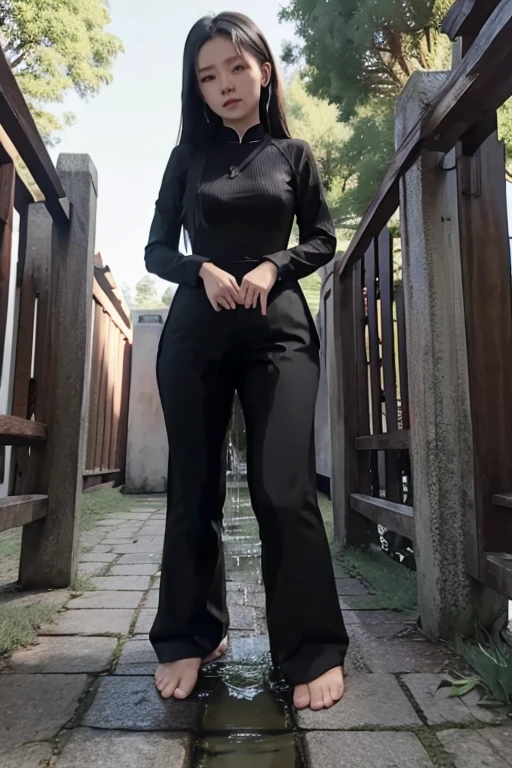 Vietnamese Girl sees the ghost and pees her black loose ao dai pants until her pants are wet in fright.