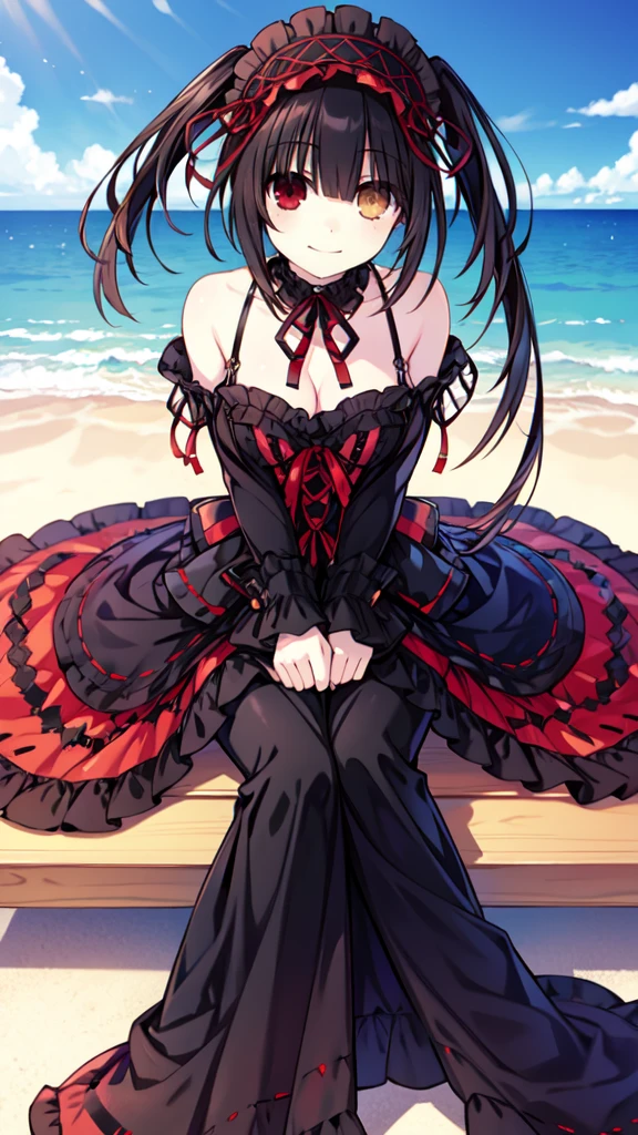 a masterpiece, best quality, 8k, photorealistic, 1 girl, beach, reaching forward, long black twin tails, (golden eyes:1.2), heterochromia, (red eyes:1.2), Kurumi Tokisaki, smiling, gothic ta accessories, Victorian maid headdress, black ribbon, maid outfit,Sitting posture, feet facing forward.