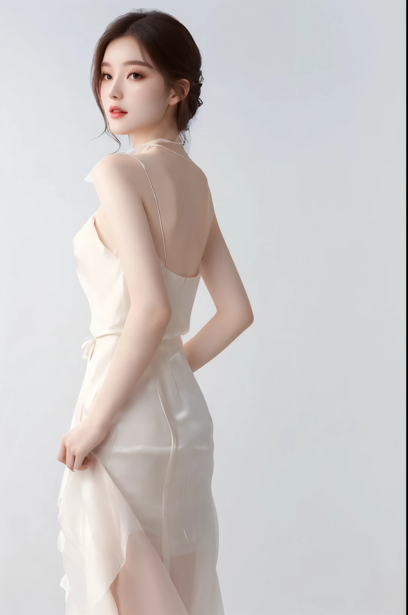 Woman in dress poses for photo, soft Silk dress, Silk dress, Thin waist, wearing an elegant dress, elegant dress, Exquisite and simple structure, Home, translucent silk dress, Minimalist tights for women, Light milky white porcelain skin, Wearing an ivory dress, Light-colored half-open dress, Beautiful silk dress, sha xi