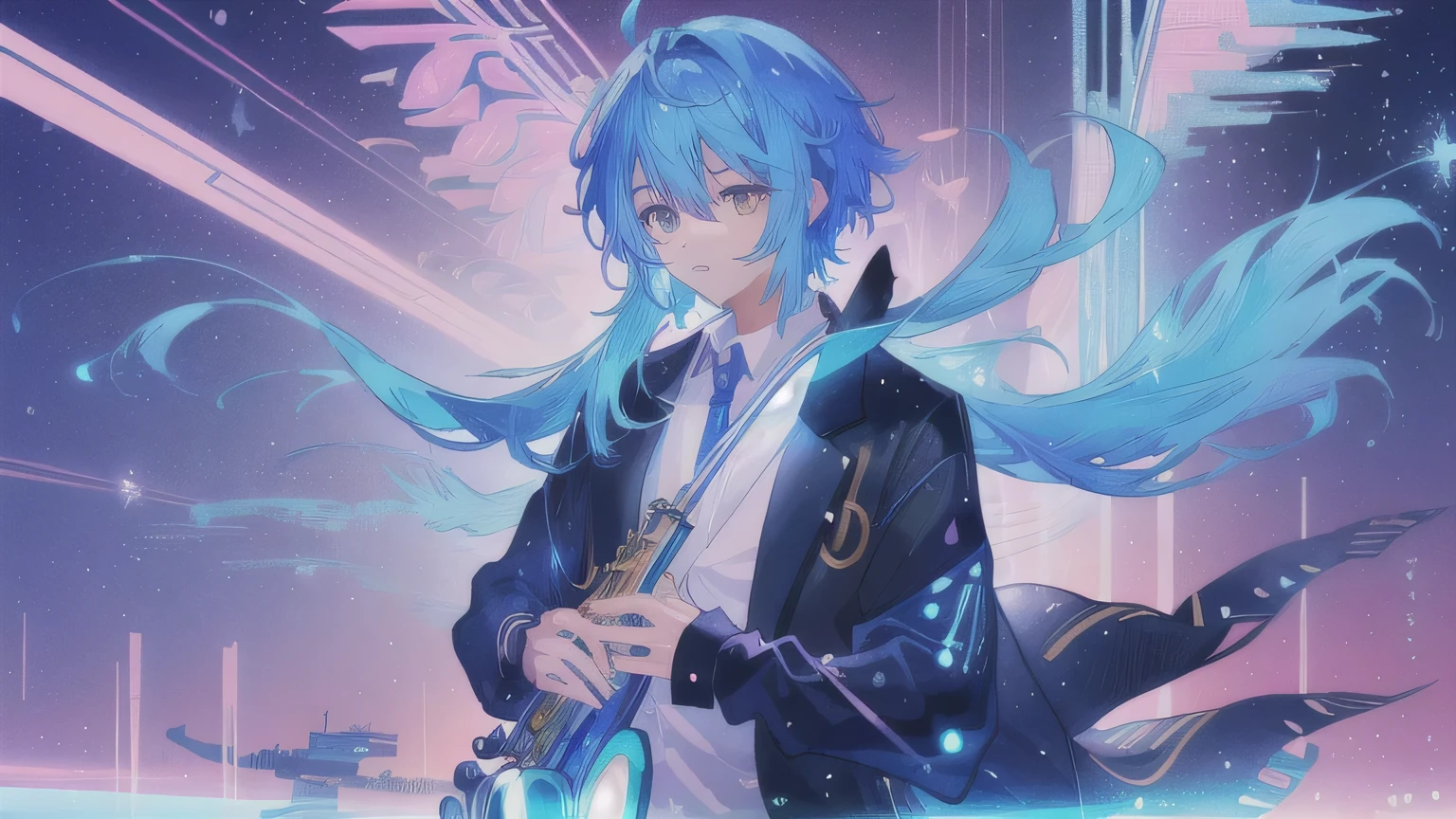 anime boy with blue hair playing Saxophone in front of colorful lights, Saxophone, Anime Style 4 k, Anime Art Wallpapers 8K, anime art wallpaper 4k, Background artwork, Nightcore, Anime Style. 8k, anime wallpaper 4k, High quality anime art style, 1 young person, Playing the Saxophone