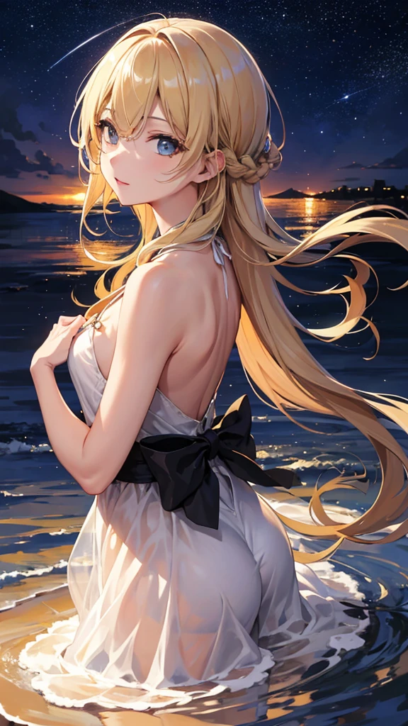 masterpiece, high quality, 4K, Beautiful design, silhouette，blonde， 非常に詳細な夜のStarry Sky,water&#39;Edge， wonderful, Finer details,  Very knowledgeable woman, Highly detailed solo, 1 female,Big Breasts， Pure white dress，Night view，Starry Sky，