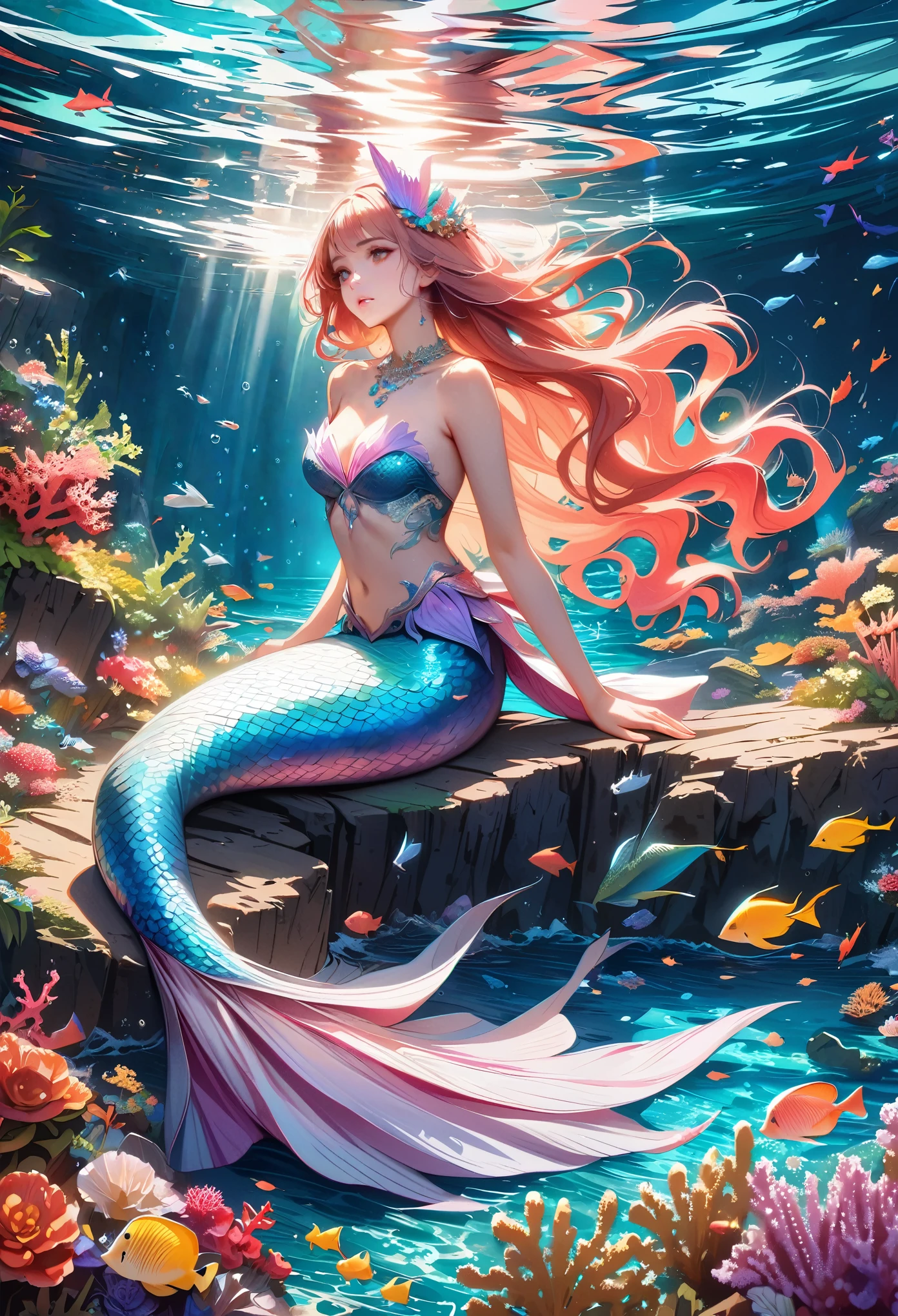 mermaid princess, detailed beautiful mermaid woman, long flowing hair, underwater fantasy scene, coral reef, ocean waves, shimmering iridescent scales, elegant mermaid tail, beautiful face and eyes, intricate jewelry, (best quality,8k,highres,masterpiece:1.2),hyper detailed,photorealistic,dramatic lighting,vibrant colors,cinematic composition