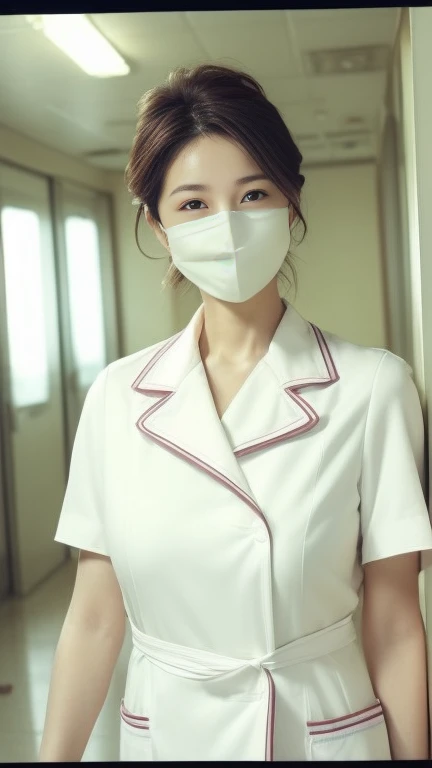 ((最high quality、8k、masterpiece:1.3))、Realistic, Sharp focus, high quality, High resolution, alone, Japanese, A kind smile,Middle-aged women,56 years old, (Big Breasts:1.2), (Big Ass 1.3)、light brown、Random hairstyle, Wrinkles around the eyes、Embarrassing appearance、A shy smile、((Up to the thighs))、A seductive gaze、A kind smile、Health insurance center staff、Health check-up staff、((White nurse uniform))、Sunny afternoon、((In the hospital lobby))、Holding a document binder、((waiting))、A gaze that seduces viewers、(((He is wearing a white mask to protect against coronavirus.)))、((looking at the camera)), ((A plain white coat with no accents))、