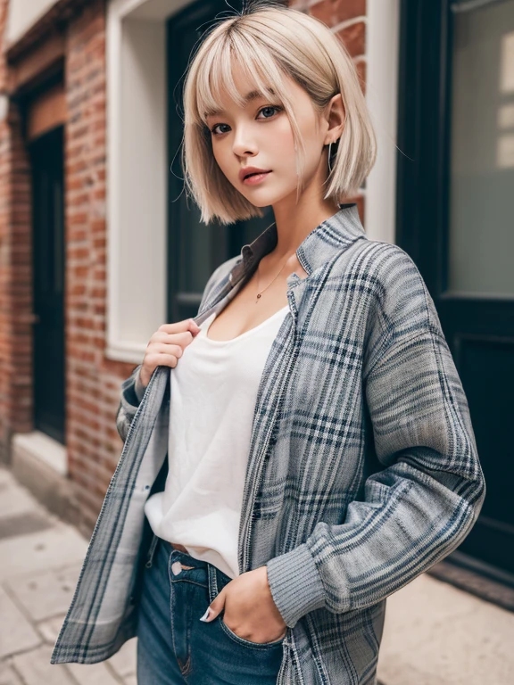 (((​masterpiece,top-quality,16 K,Ultra Detail,reallistic))),One lady,Japan beauties,Photographed from the waist up from the side,Looking here,((Trendy hairstyles,short-hair,bobhair,Air bangs,Silver hair color)),(Posing like a fashion model,Looks like a model,cool expression,Large duplex,Super delicate appearance,,flat breast,Model body type,Trendy makeup),(Piercing,Trendy fashion,Checked shirt,jaket,long-sleeve,Less exposure),(outside of house,Streets in Spain)