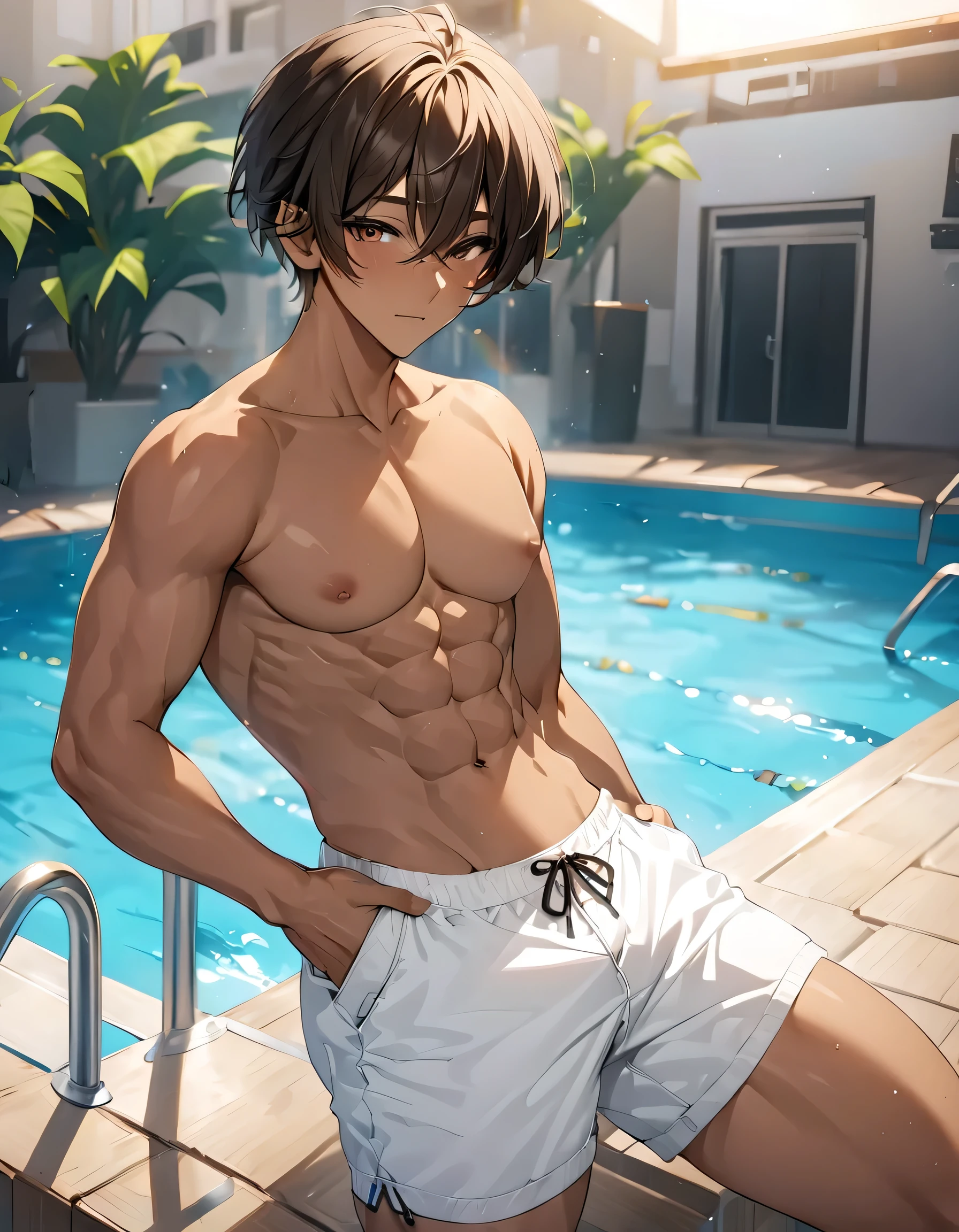 high quality, detailed, 22 years old bulky japanese boy, detailed brown eyes, (abs:1.5), (tanned dark brown shiny skin:1.5), (detailed areola:1.4), black short hair, (black tiny thong), (puffy bulge), pool