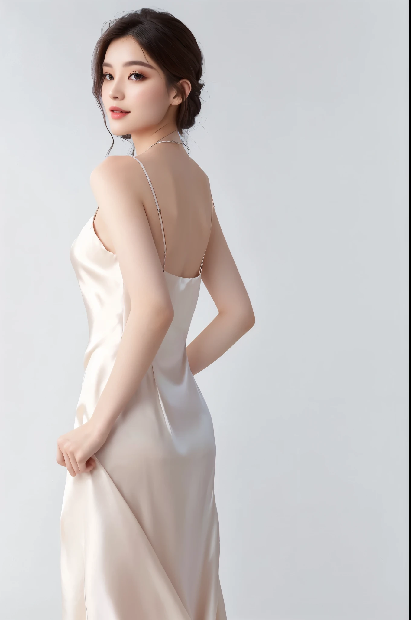 Woman in dress poses for photo, soft Silk dress, Silk dress, Thin waist, wearing an elegant dress, High quality details，Skin material details，4K