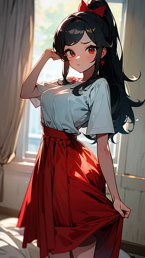 adulto, Cabello negro ondulado, mirada penetrante con ojos profundos de color rojo, estatura promedio, Silky hair with a ponytail hairstyle collected with a red bow with two white lines, tiene pechos medianos, primer plano, session, standing in the middle of his room [[[Risa malvada]]] , Sonrojada, muslos grandes, falda corta, blusa corta de tirantes blanca, elfa, showing her ass to the camera, lifting her skirt so that her panties can be seen, skirt rising,falda corta, falda llegando hasta la mitad del culo, bragas blancas, mojada, se levanta la falta hasta arriba dejando ver todo su culo