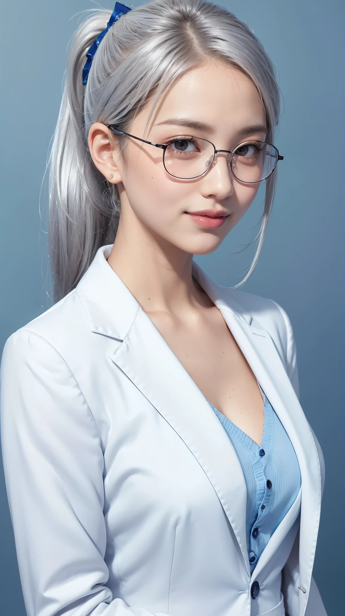 Realistic, masterpiece, highest quality, Highest Resolution, (1girl:1.3), 20-year-old, Sharp Eyes, Grinning smile, Slightly to the side, Definitely watching the audience, (Beautiful fine details, Iris, (Hidden eyelid wrinkles:1.2), Thin eyebrows, Draw eyelashes carefully, Natural Makeup, Mid-length hair, Silver Hair, ponytail, Detailed face), (rimless glasses, (White buttoned shirt, (Suit jacket)),Photographing the upper body,Portraiture, (Blue blank background:1.3)