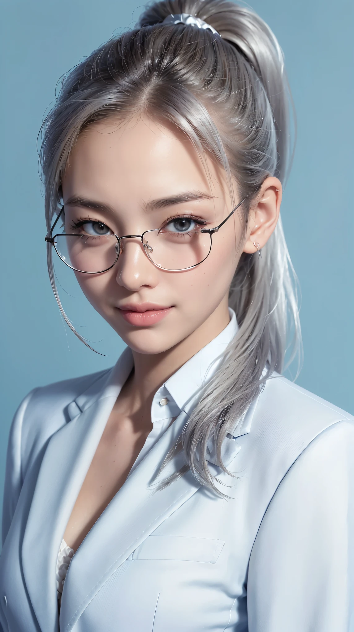 Realistic, masterpiece, highest quality, Highest Resolution, (1girl:1.3), 20-year-old, Sharp Eyes, Grinning smile, Slightly to the side, Definitely watching the audience, (Beautiful fine details, Iris, (Hidden eyelid wrinkles:1.2), Thin eyebrows, Draw eyelashes carefully, Natural Makeup, Mid-length hair, Silver Hair, ponytail, Detailed face), (rimless glasses, (White oned shirt, (Suit jacket)),Photographing the upper body,Portraiture, (Blue blank background:1.3)