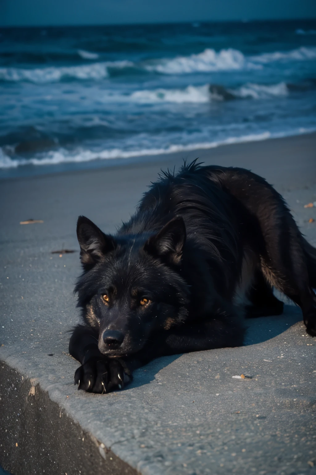Black wolf laying on a rock on a beach at night
