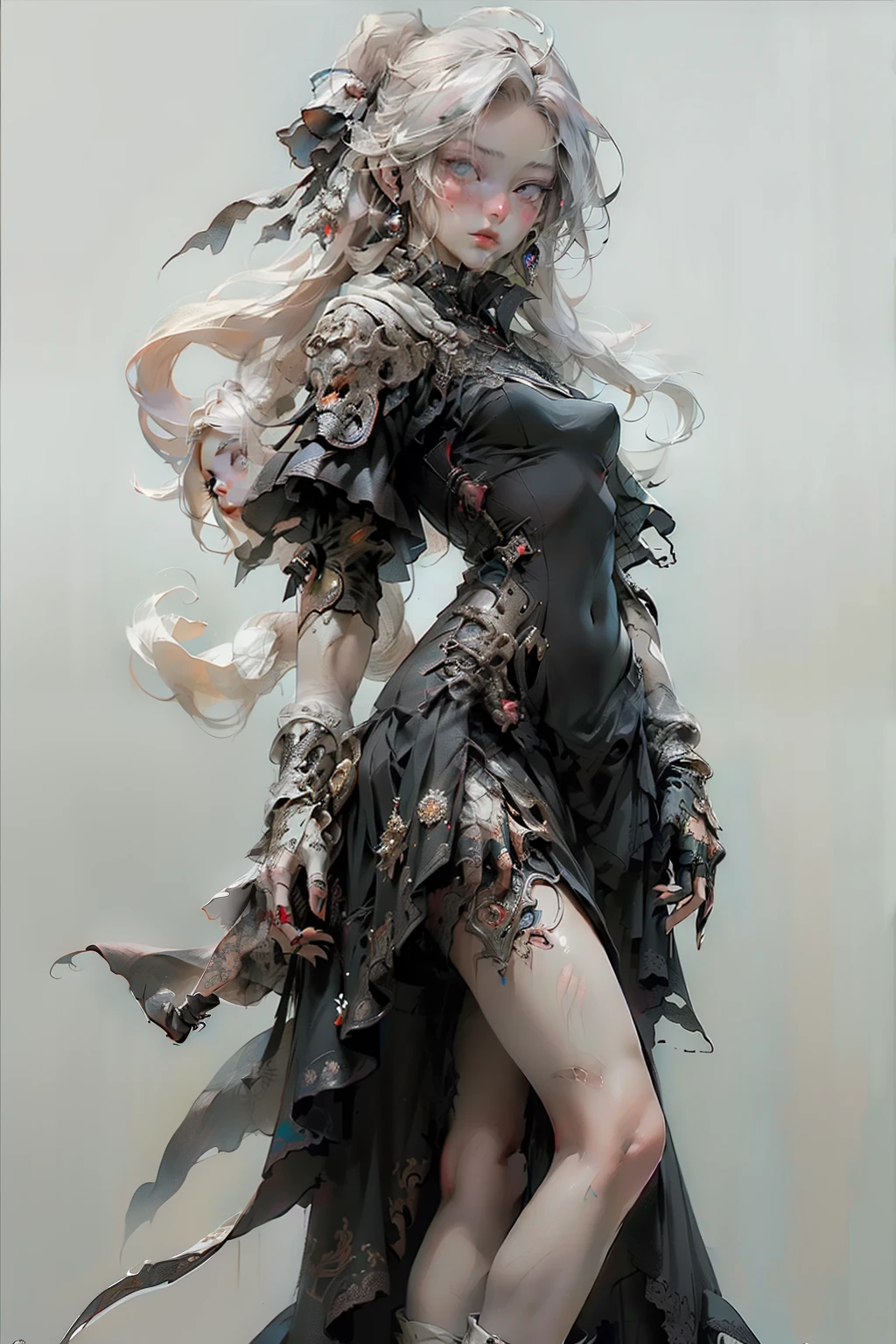 ((best quality)), ((masterpiece)), (detailed), perfect face (((masutepiece, of the highest quality, super detailed))), hand drawn style, hand painted style, watercolour, sketch, a knight, white background, plain background, Bloodborne inspired, tatty Bloodborne attire, occult aesthetic, occult, tatty red and white clothing detailed and intricate steampunk and detailed gothic lolita (with a hood), long coat, Complex laced boots, Fluttering lace flared long knee length dress with frilly petticoats, long dress, knee length dress, pleated petticoats, lolita dress, petticoats gothic lolita, beautiful small breasts, (((( Highly detailed face))), small thin nose, Small thin lips mouth, (((Very sharp focused eyes))), Very large slit precision pale grey eyes that shine like jewels. very long eyelashes, Silver hair swaying in the wind, Emitting a dazzling light in a mandala pattern, white background, Very dramatic and cinematic lighting, tatty damaged old red and white clothing, full body, whole body, body, cosmic horror, grim dark