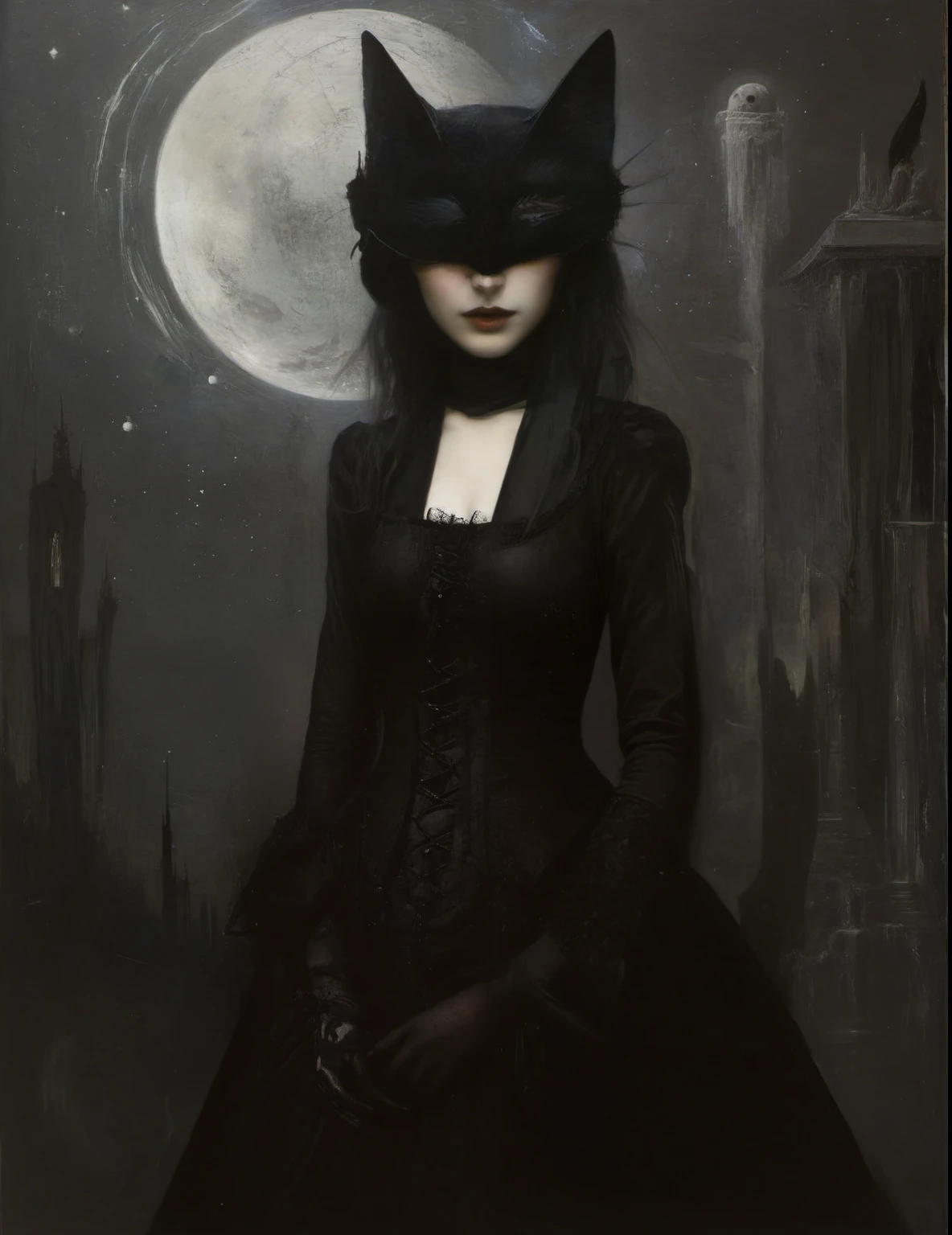 James Gurney, Surrealist art , dream-like, Mysterious, Provocative, symbolic, Complex, detailed,, (Gothic but very beautiful:1.4), (masterpiece, highest quality:1.4) , Nicola Samori Style, Black cat