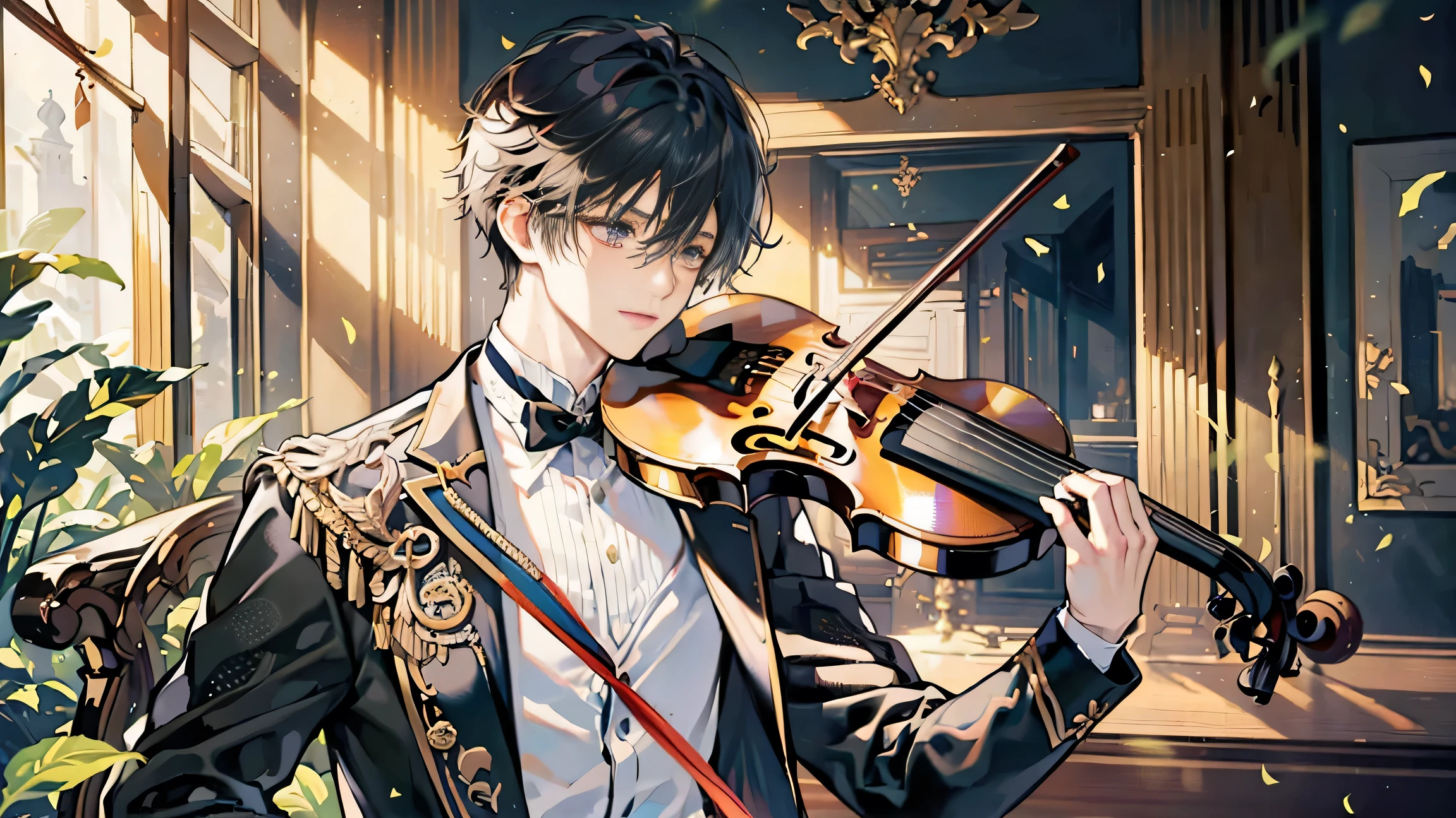 "Shot of a passionate young violinist, An elegant stage, wood々A place where sunlight shines through the dense leaves of, Create a play of light and shadow. holding a violin in hand, Inside the room、Bright metallic colors stand out. A passionate performance moment, Musicians are immersed in music,Beautiful sky,One androgynous young man,Cool violin"