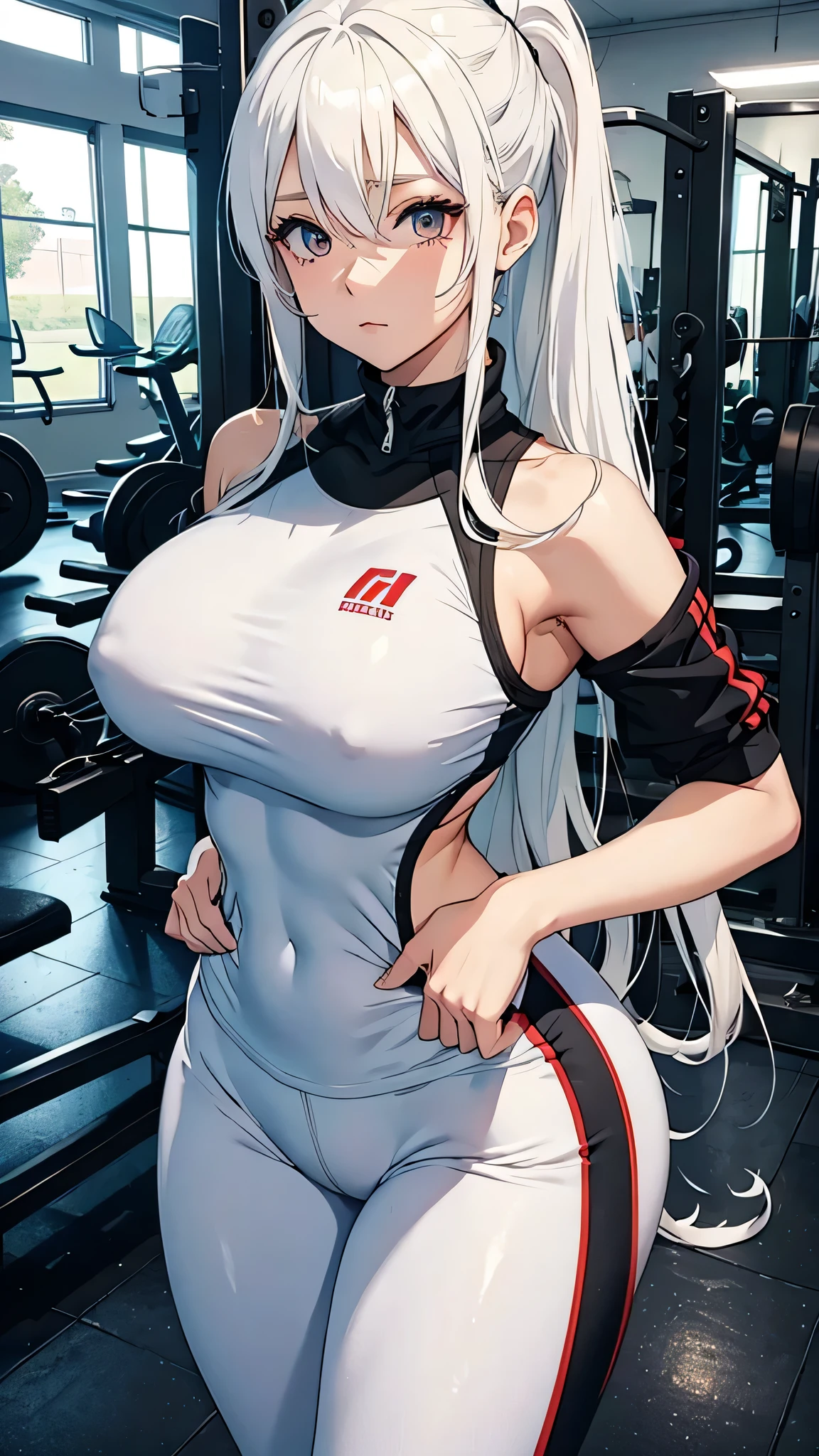 Anime girl big 
Tight clothes
White hair
In gym