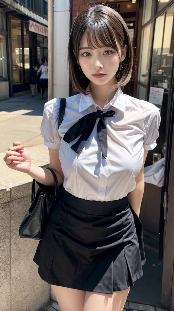 masterpiece, best quality, illustration, Super detailed, fine details, High resolution, 8K,wall paper, perfect dynamic composition,(Details High quality, realistic depiction of eyes:1.3), waitress uniform, restaurant, huge breasts, short bob hair、black hair color, Big Natural Color Lip, (perfect body shape), crying a little、cold gaze, Harajuku style、20 year old girl、cute type、lolita、beautiful legs, focus on crotch, full body photo, gravure idol