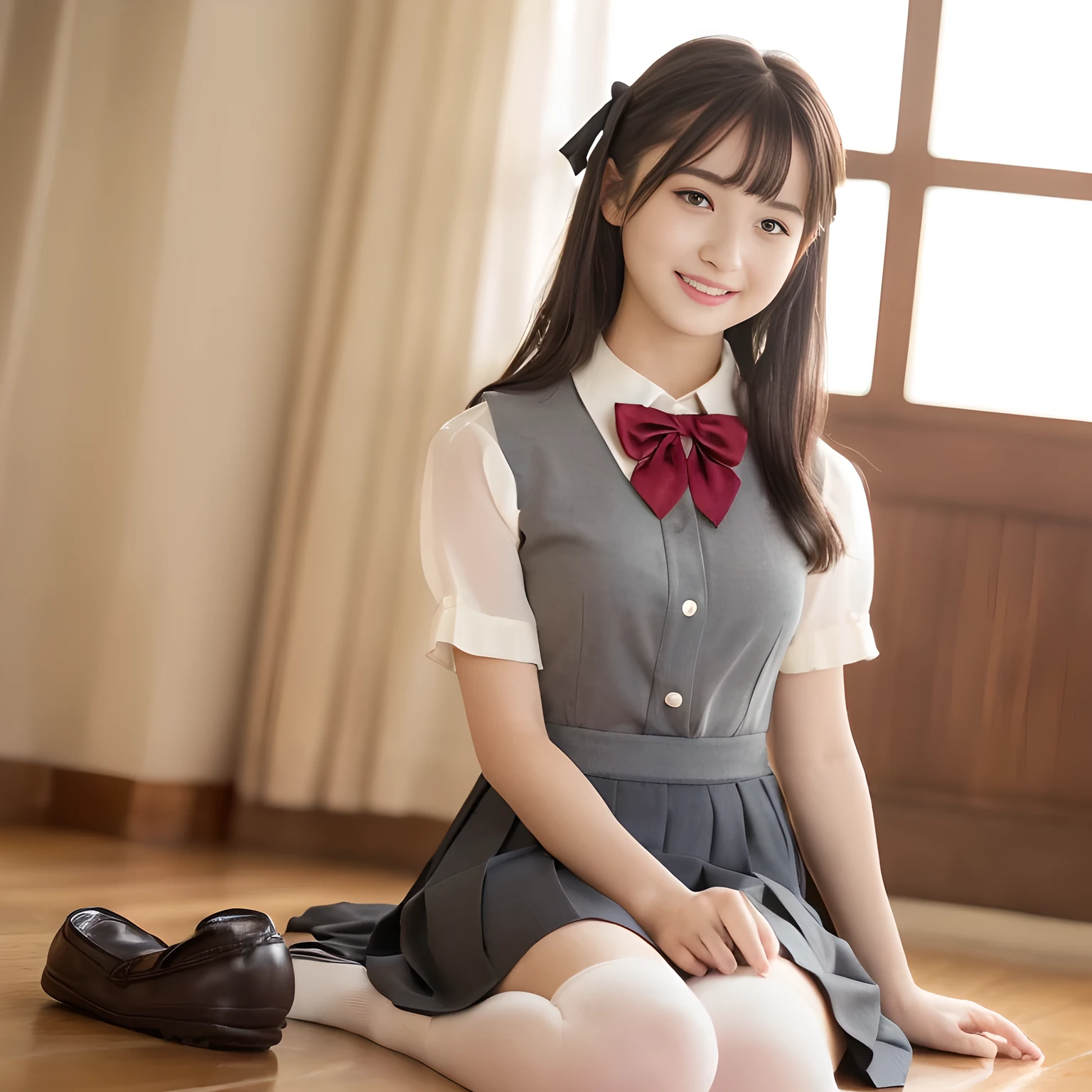 (highest quality, masterpiece:1.2), highest quality, Realistic, photograph, High resolution, 1080p, 8K, Physical Rendering, ((Height: 160cm)), ((((A ************ cute girly Japanese fashion model is seated and looking directly at the viewer)))), (((big very detailed Japanese beautiful dark brown eyes))), ((loving and laughing at me!)), detailed fingers, ((curled blunt bangs)), ((((Very noble and cute eyes)))), ((double eyelids)), (((long eyelashes))), ((cute lovely lovely laughing laughing cheeks)), (((Her facial features are very expressive noble smile, very sweet, very intelligent))), ((((deep red ribbon bow tie)))), ((((black very beautiful and super long straight hair)))), ((((gray box-pleated school long skirt and grey vest)))), noble box-pleated skirt covers knees, ((((A ivory summer blouse with puffed short sleeves)))), ((Classical orchestra concert hall)), ((complexion lightening)), ((Full body shot)), ((chorus singer)), Japanese girls legs, (((white socks and loafers)))