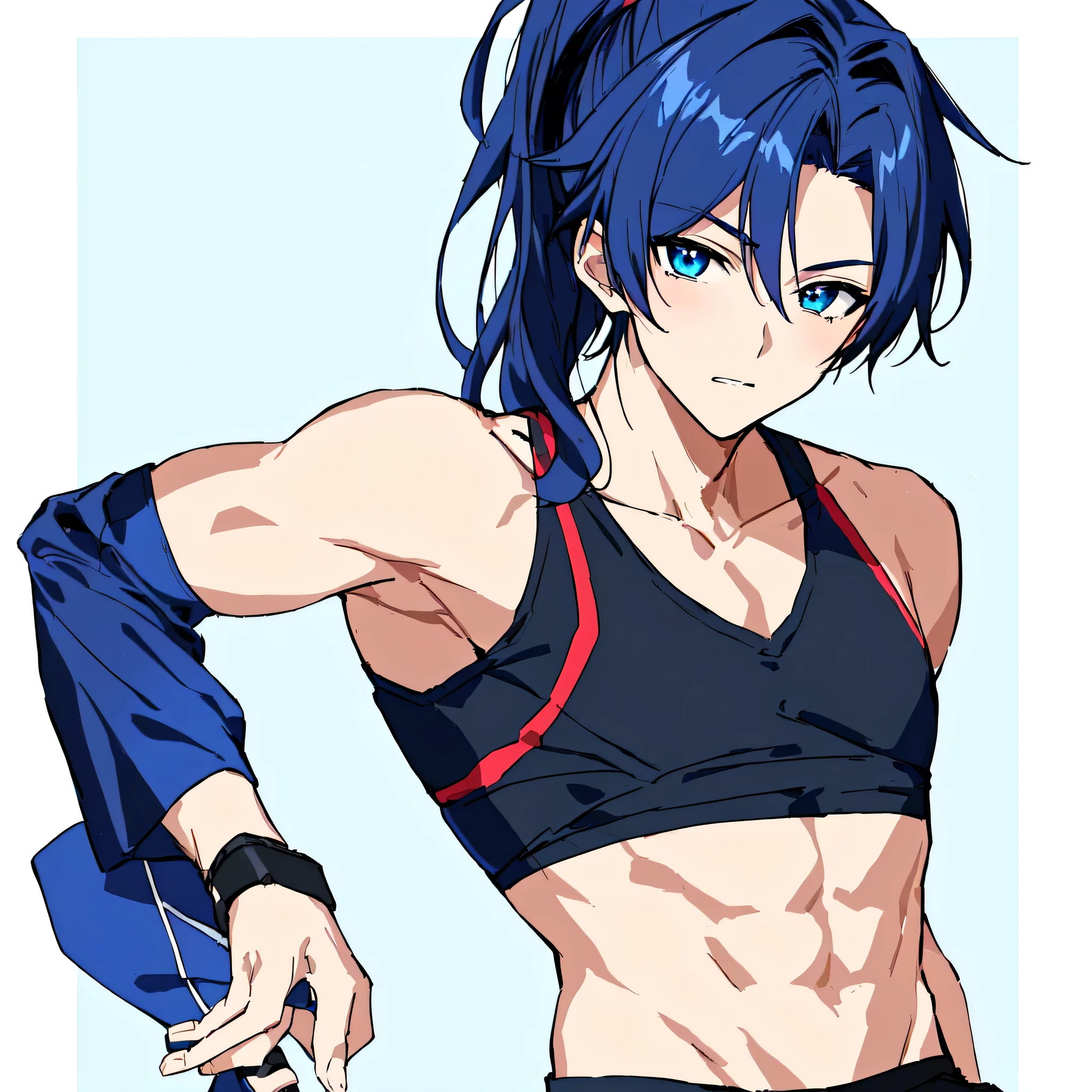 highest quality、Very detailed、High resolution、Anime Boys wearing a blue sports bra and black shorts、solo、Boy with long black hair、Blue Eyed Boy、ponytail、Naughty anime style、Anime Moe Art Style、sports bra with an blue、shorts with an black、an Anime Boys、Anime Styleに、Cool boy anime visuals、young Anime Boys、Toned body、attractive Anime Boys、(Anime Boys)、whole body、Cowboy Shot、looking at viewer、cool Anime Boys、Anime Boys、pretty Anime Boys、Anime Style、perfect body、perfect handale body:1.3)、