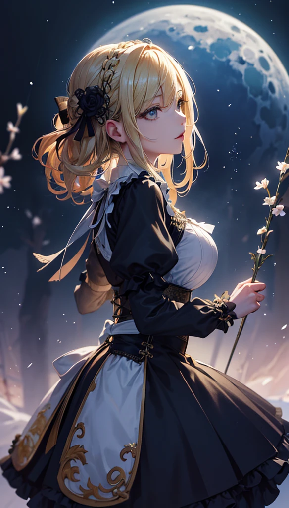 masterpiece, high quality, 4K, Beautiful design, silhouette,blonde, 非常に詳細な夜のStarry Sky,Flower Field, wonderful, Finer details, Very knowledgeable woman, Highly detailed solo, 1 female,Big Breasts,Gothic Lolita Fashion,Night view,Starry Sky,full moon,