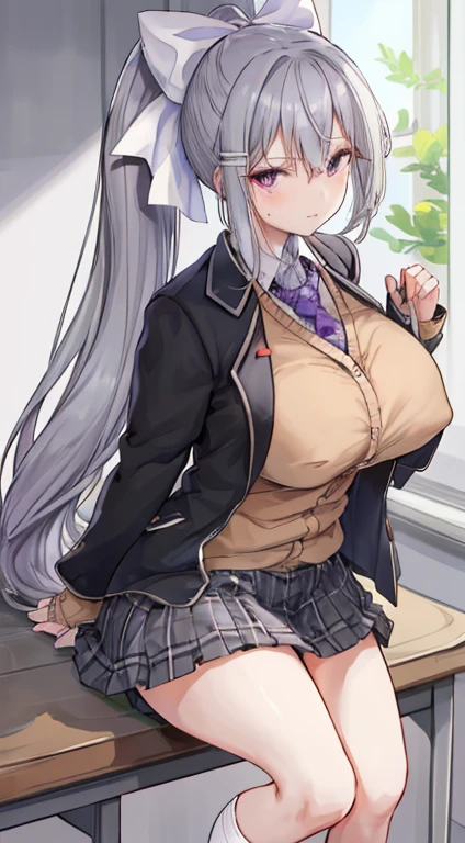 masterpiece, highest quality, High Resolution, Kaede Higuchi, One Girl, Virtual YouTuber, solo, Hair length, Mole under the eye, Skirt, tie, Jacket, Purple eyes, socks, ponytail, hair ornaments, White ribbon, Hair Ribbon, bow, blazer, Very long hair, 紫のtie, Pleated skirt, White socks, Barrette, Open your clothes, cardigan, , knee height, Gray Hair, 黒いJacket, shirt, 襟付きshirt, Plaid, オープンJacket, Bans、Plaidスカート、mini skirt、be patient、白のshirt、Long sleeve、Grey Skirt、Proudly、Plaid tie、squat、Black panties、(Huge breasts:1.5)