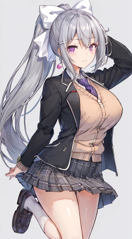 masterpiece, highest quality, High Resolution, Kaede Higuchi, One Girl, Virtual YouTuber, solo, Hair length, Mole under the eye, Skirt, tie, Jacket, Purple eyes, socks, ponytail, hair ornaments, White ribbon, Hair Ribbon, bow, blazer, Very long hair, 紫のtie, Pleated skirt, White socks, Barrette, Open your clothes, cardigan, , knee height, Gray Hair, 黒いJacket, shirt, 襟付きshirt, Plaid, オープンJacket, Bans、Plaidスカート、mini skirt、be patient、白のshirt、Long sleeve、Grey Skirt、Proudly、Plaid tie、squat、Black panties、（Huge breasts:1.5）