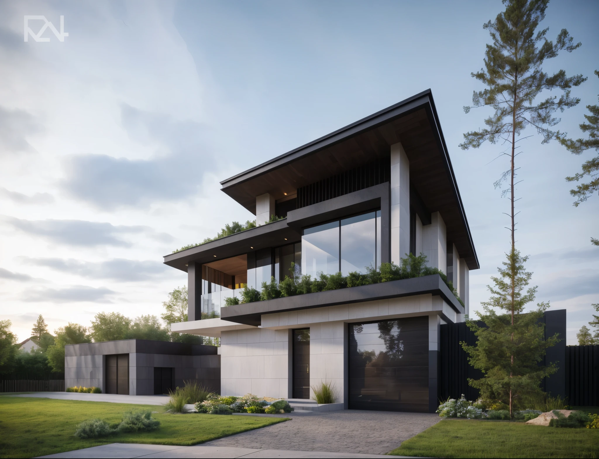 (masterpiece),(high quality), best quality, real,(realistic), super detailed, (full detail),(4k),8k,modern house exterior design,Modern architecture,Beautiful_sky,Day light, no_humans, outdoors,sky,tree,Garden flower front of building,