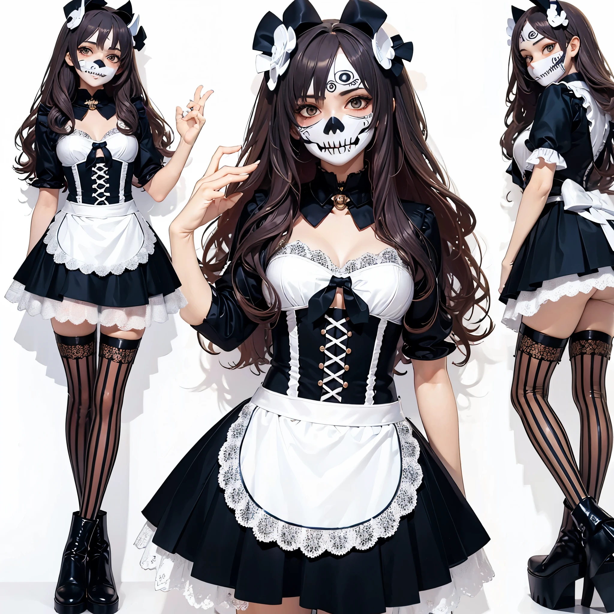 ((very sharp photo result & detailed face)) (((textile shading))), (((Best Quality))), (((masterpiece))), (((hyper realistic photo))) A japanese girl full body stylish cool gesture, she have painted skull face de los muertos, long l brown curly hair. wearing black & white maid clothes with mini skirt & black boots , She has long dark hair, she is smiling with edgy, white clean background, 4K, perfect