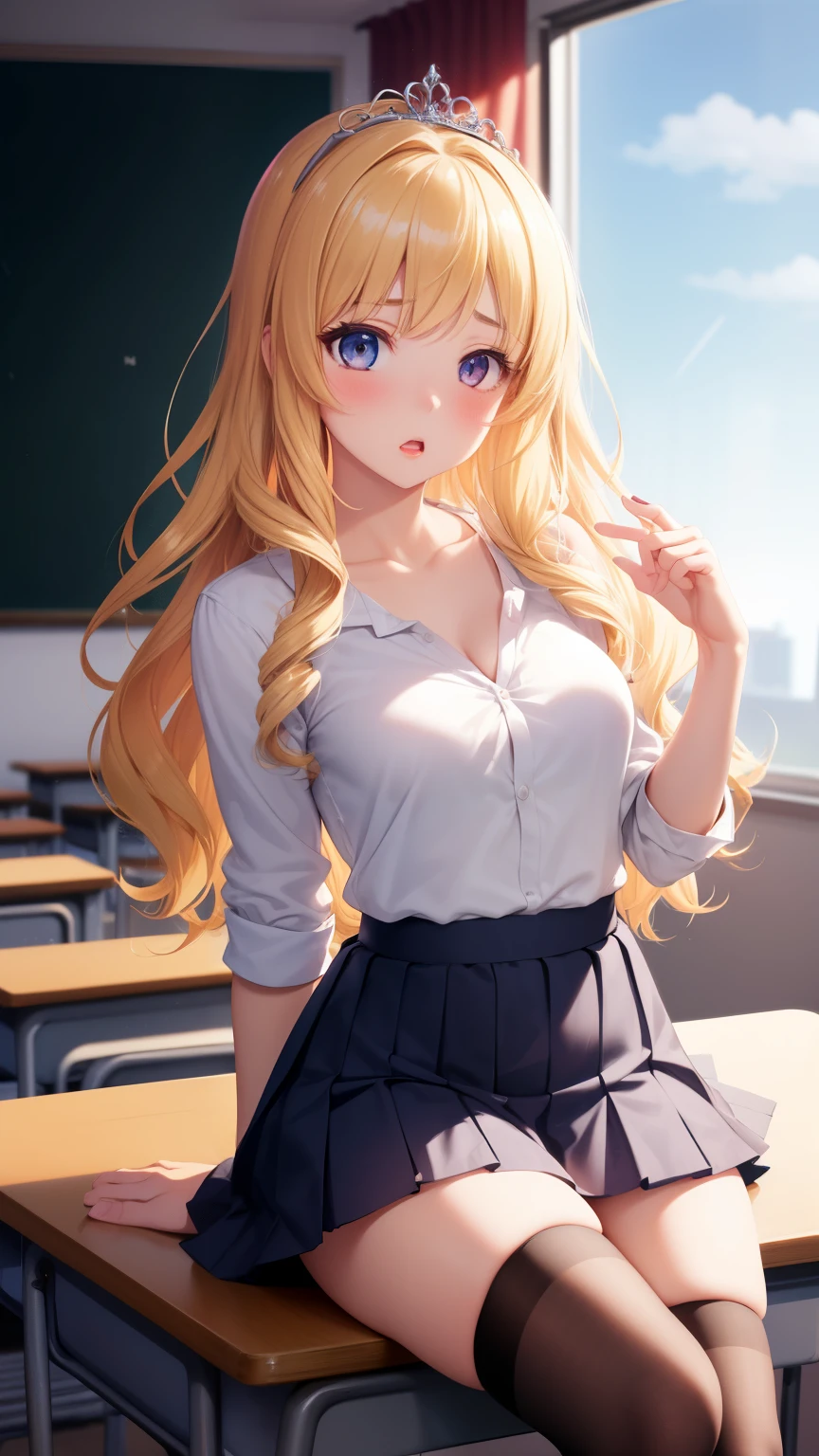 masterpiece, best quality, 1girl, very curly hair, blonde hair, shiny hair, tiara, diadem, medium breasts, glossy lips, good lighting, latifa fleuranza, sitting, school, classroom, white shirt, pleated miniskirt, thigh highs, collarbone, shocked, surprised