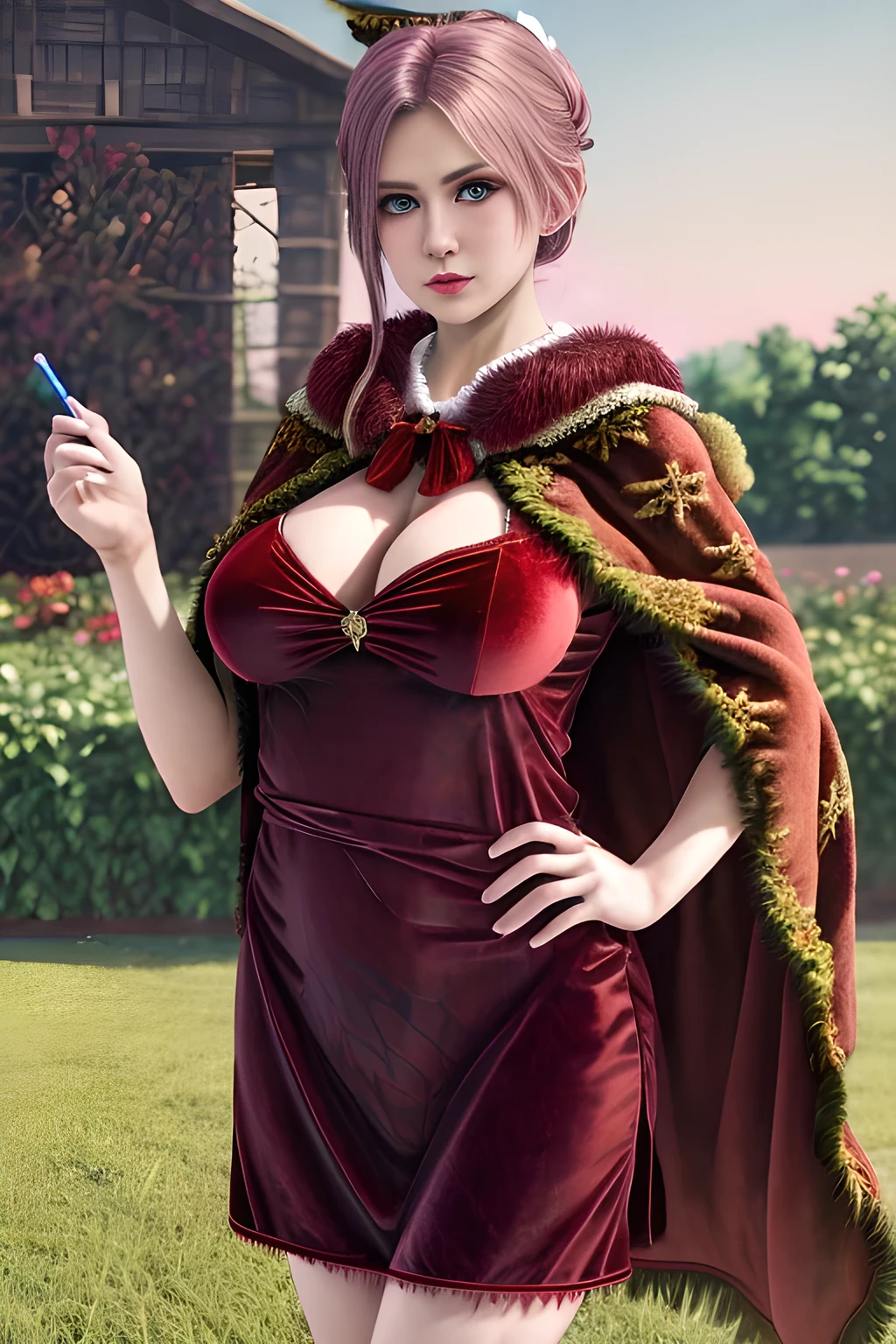 1girl,(RED theme: 1.2), (Velvet fabric nightgown: 1.2), (Koch snowflake cloak: 1.5), ,garden,moon,huge breasts,lactating,(lip gloss),(masterpiece), best quality, (real life portrait photography:1.5),unltra detailed,8K,Shot with a professional-grade camera like the Nikon D850,every intricate detail is captured, from the subtlest expression to the glimmer of anticipation in her eyes,Focus on thighs and above,solo,  elise,