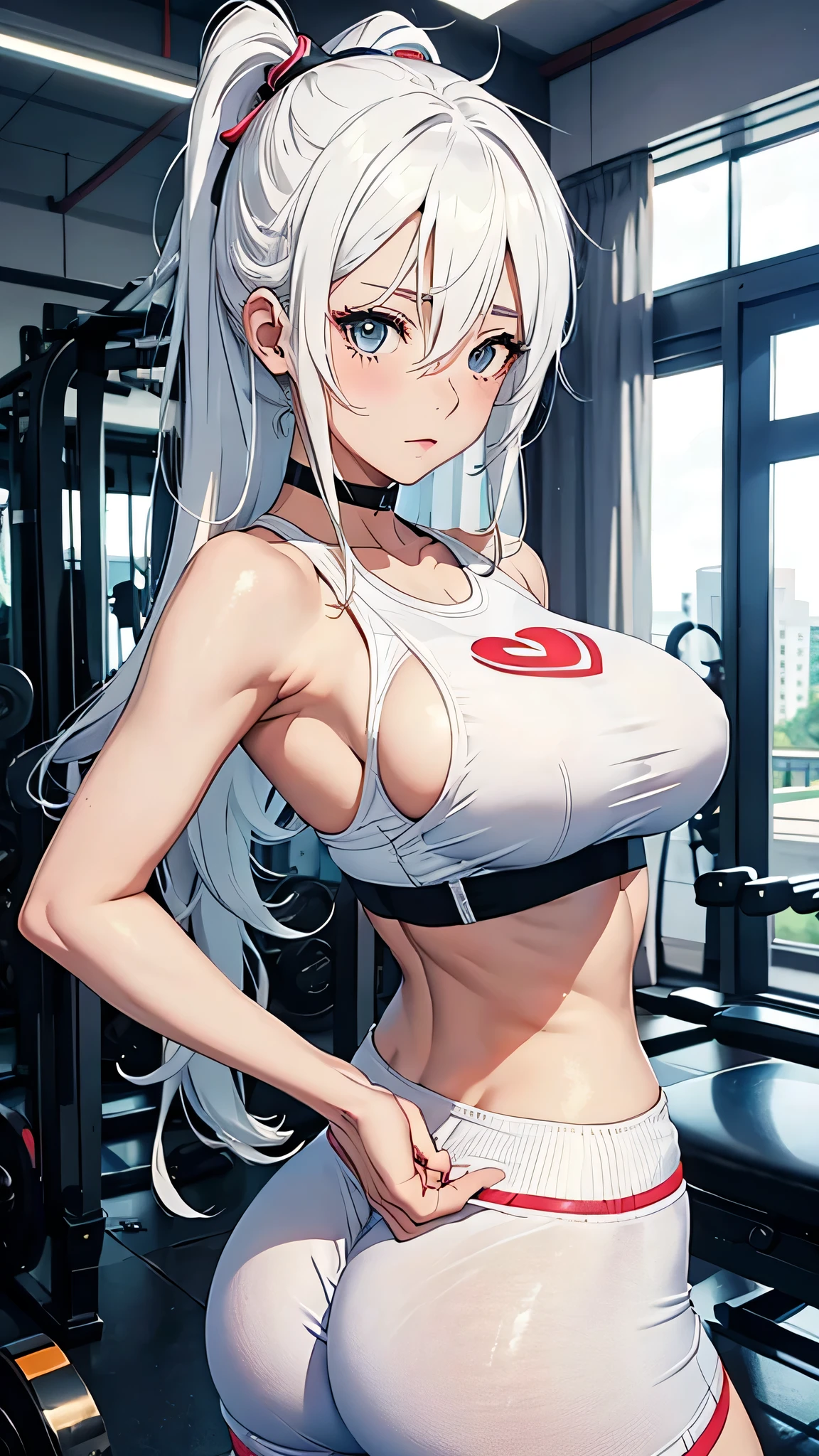 Anime girl biger boob and ass
Very tight bra
White hair
In gym
