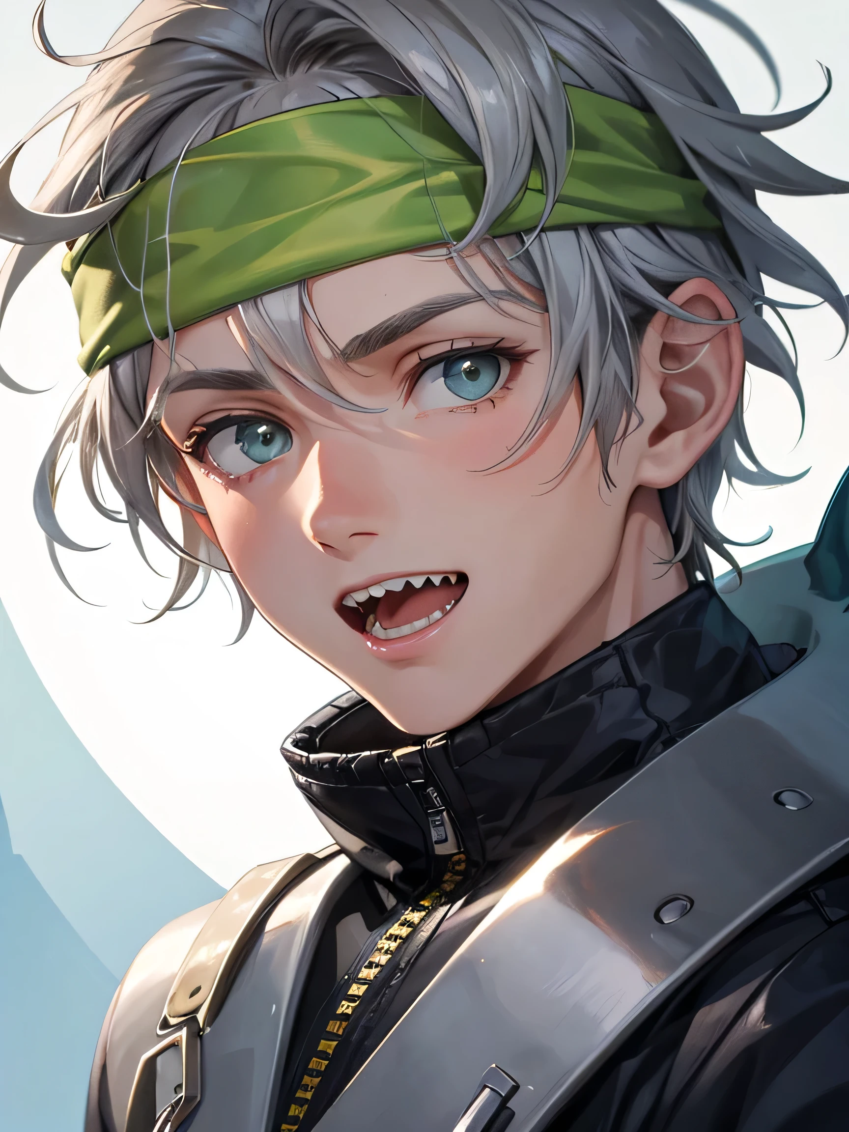 a close up person in jacket, A gray-haired teenage boy with a green-eyed headband has brownish skin and shark-tooth-like teeth, he expresses cheerfully in the backdrop in the middle of a fight turning his head straight