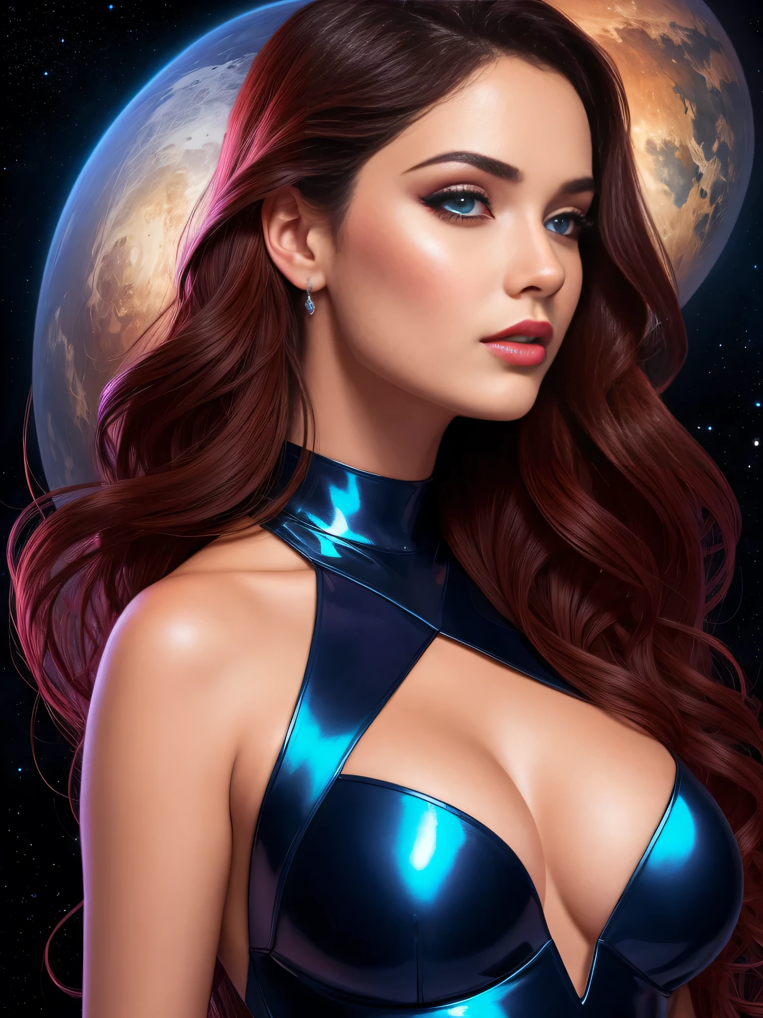 (best quality: 1.4), (ultra highres: 1.2), (photorealistic: 1.4), (8k, RAW photo: 1.2), (medium shot: 1.0), Actress Jennifer Aniston (brunette hair with red locks layered in the wind with lights), (sunglasses), (bulky breasts), (tattooed chest), (dark red lipstick), (blue eye shadow), flying (in space), short skirt (blue skirt) (short skirt), (natural light), (rim light)