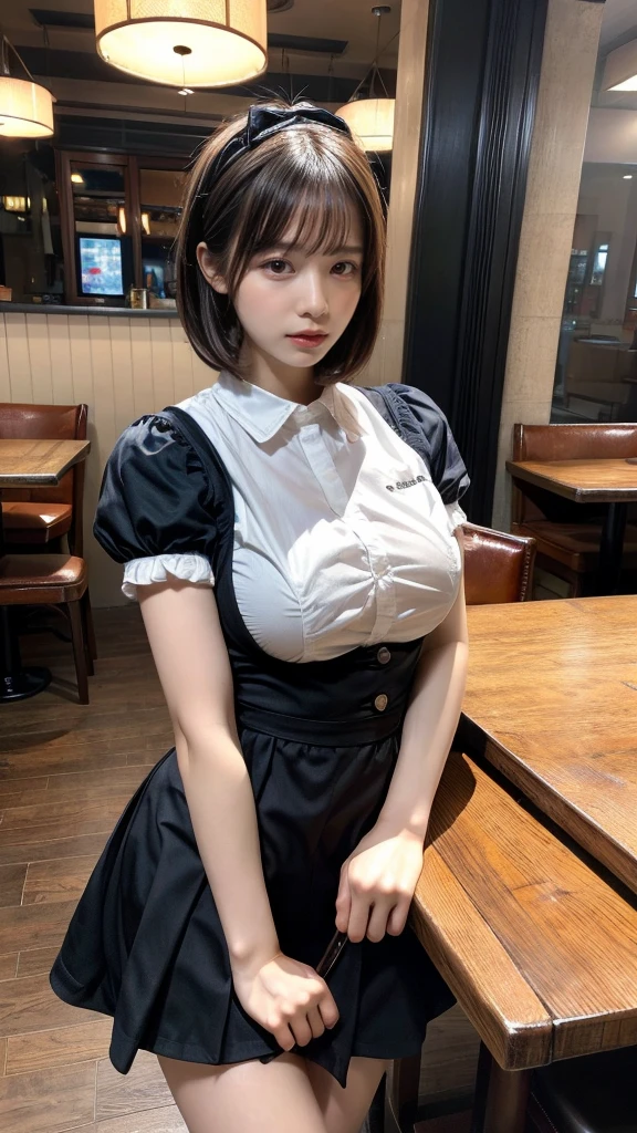 masterpiece, best quality, illustration, Super detailed, fine details, High resolution, 8K,wall paper, perfect dynamic composition,(Details High quality, realistic depiction of eyes:1.3), waitress uniform, restaurant, huge breasts, short bob hair、black hair color, Big Natural Color Lip, (perfect body shape), crying a little、cold gaze, Harajuku style、20 year old girl、cute type、lolita、beautiful legs, focus on crotch, full body photo, gravure idol