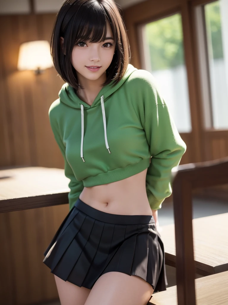 (8k, RAW Photos, highest quality, Tabletop:1.2), (Realistic, Photorealistic:1.4), (Highly detailed 8k wallpaper), Sharp focus, Depth of written boundary, Blur the background, Bokeh, Cinema Lighting, Soft Light, whole body, 1 girl,18 years old famous Japanese idol, Perfect female body, indoor, (Lime green hoodie and black micro mini pleated skirt : 1.3), (Long, slender legs), (smile), Glossy lips, Beautiful fine details,Natural Makeup, Shiny and smooth light brown short bob hair, Asymmetrical bangs, Shiny skin, Center image, High resolution, Attention to detail, Detailed hairstyle, Detailed face, 素晴らしいCinema Lighting, Octane Rendering, Vibrant, Ultra-realistic, Perfect limbs, Perfect Anatomy