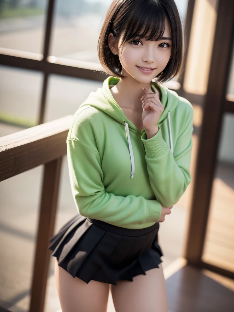 (8k, RAW Photos, highest quality, Tabletop:1.2), (Realistic, Photorealistic:1.4), (Highly detailed 8k wallpaper), Sharp focus, Depth of written boundary, Blur the background, Bokeh, Cinema Lighting, Soft Light, whole body, 1 girl,18 years old famous Japanese idol, Perfect female body, indoor, (Lime green hoodie and black micro mini pleated skirt : 1.3), (Long, slender legs), (smile), Glossy lips, Beautiful fine details,Natural Makeup, Shiny and smooth light brown short bob hair, Asymmetrical bangs, Shiny skin, Center image, High resolution, Attention to detail, Detailed hairstyle, Detailed face, 素晴らしいCinema Lighting, Octane Rendering, Vibrant, Ultra-realistic, Perfect limbs, Perfect Anatomy