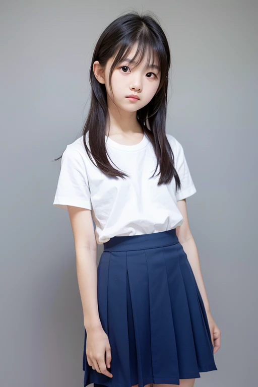 Simple background, very young and cute Japanese high school student, photorealistic, natural skin texture, no makeup, childish face, small build, short-sleeved white shirt, dark blue skirt
