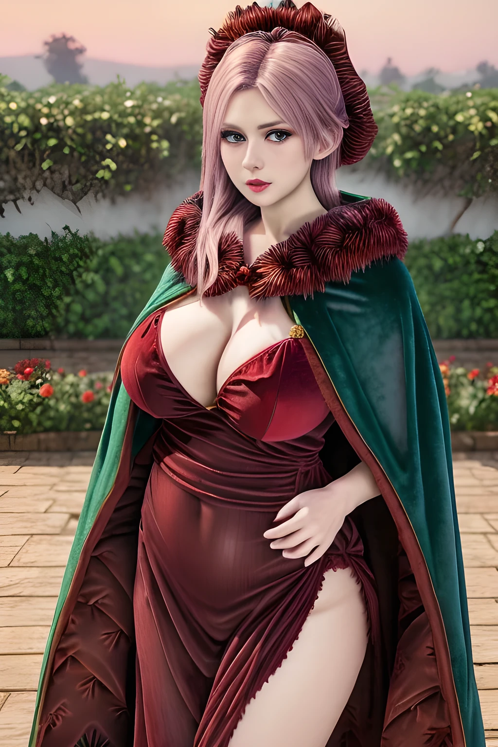 1girl,(RED theme: 1.2), (Velvet fabric nightgown: 1.2), (Koch snowflake cloak: 1.5), ,garden,moon,huge breasts,lactating,(lip gloss),(masterpiece), best quality, (real life portrait photography:1.5),unltra detailed,8K,Shot with a professional-grade camera like the Nikon D850,every intricate detail is captured, from the subtlest expression to the glimmer of anticipation in her eyes,Focus on thighs and above,solo,  elise,