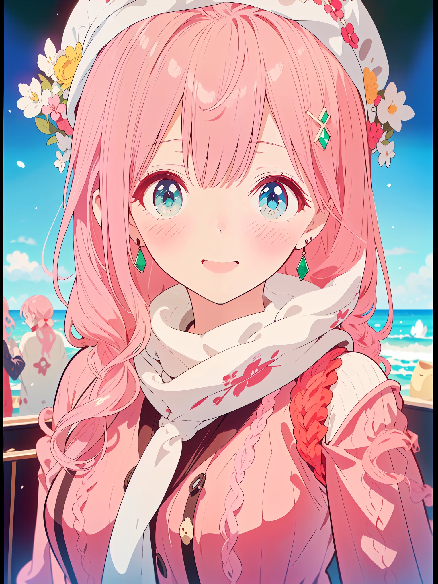 {{{{tmasterpiece}}}}, {{{ultra - detailed}}}, {{{A high resolution}}}, {{Good anatomy}}, (((Best quality at best))), ((Maximalism)),((Emerald eyes,with pink hair)),{{Extremely detailed and refined}}, {8k CG wallpaper}, {{illustratio,Get on camera,closeup of face,Face portrait}}, (long white hair|detailed hair|bluntbangs|shinny hair),((chiffon blouse,: The red and brown,vintage hairstyle,plain style,cardigan,white knitted scarf)),proud face,ear rings,Blushing with joy,girlfriend lens,(1 girl:1), Alone,little breast, (color difference:1.2)
