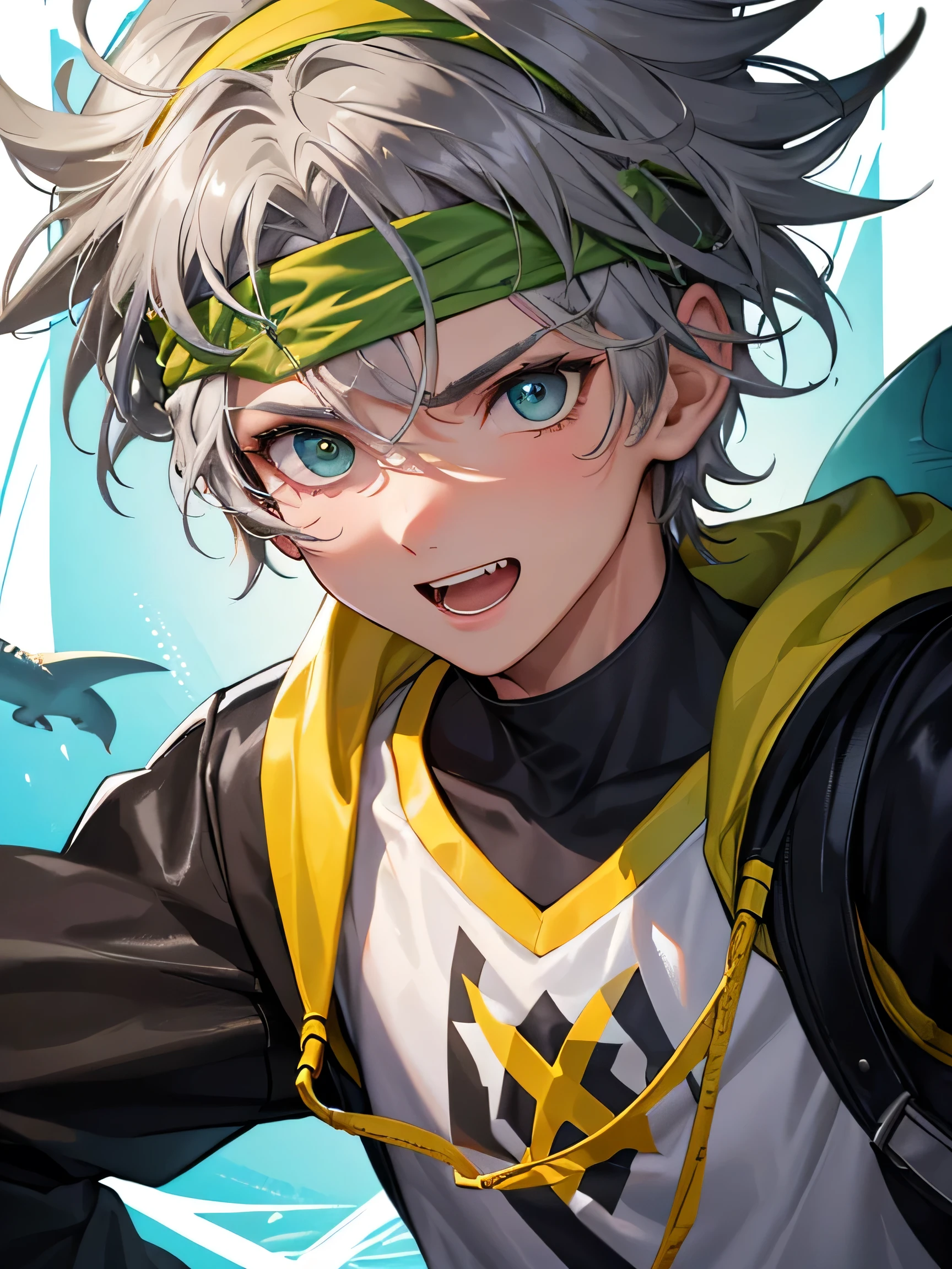 a close up person in jacket, A gray-haired age boy with a green-eyed headband has brownish skin and shark-tooth-like teeth, he expresses cheerfully in the backdrop in the middle of a fight turning his head straight