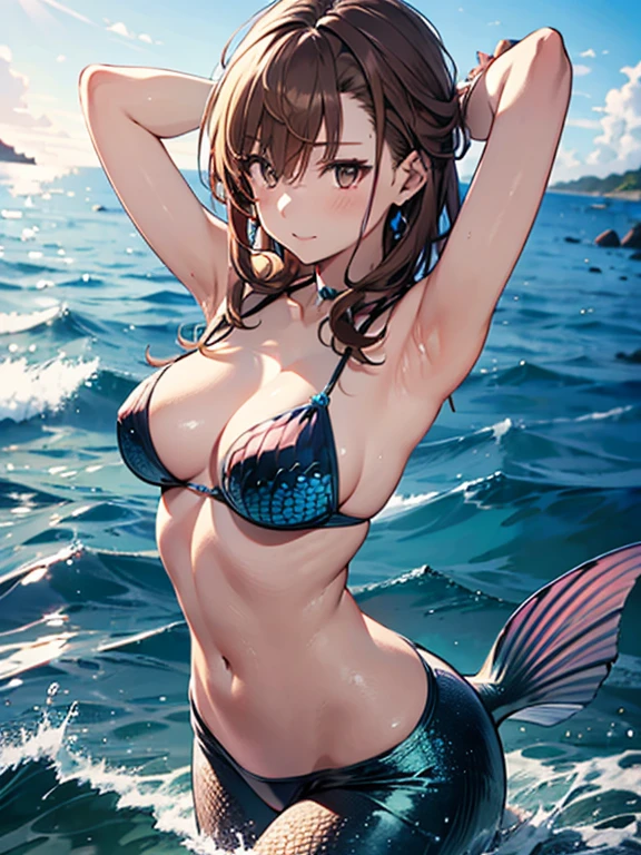 Misaka Mikoto、girl, brown hair, mermaid、Ocean、UHD, retina, masterpiece, anatomically correct, textured skin, high details, best quality,