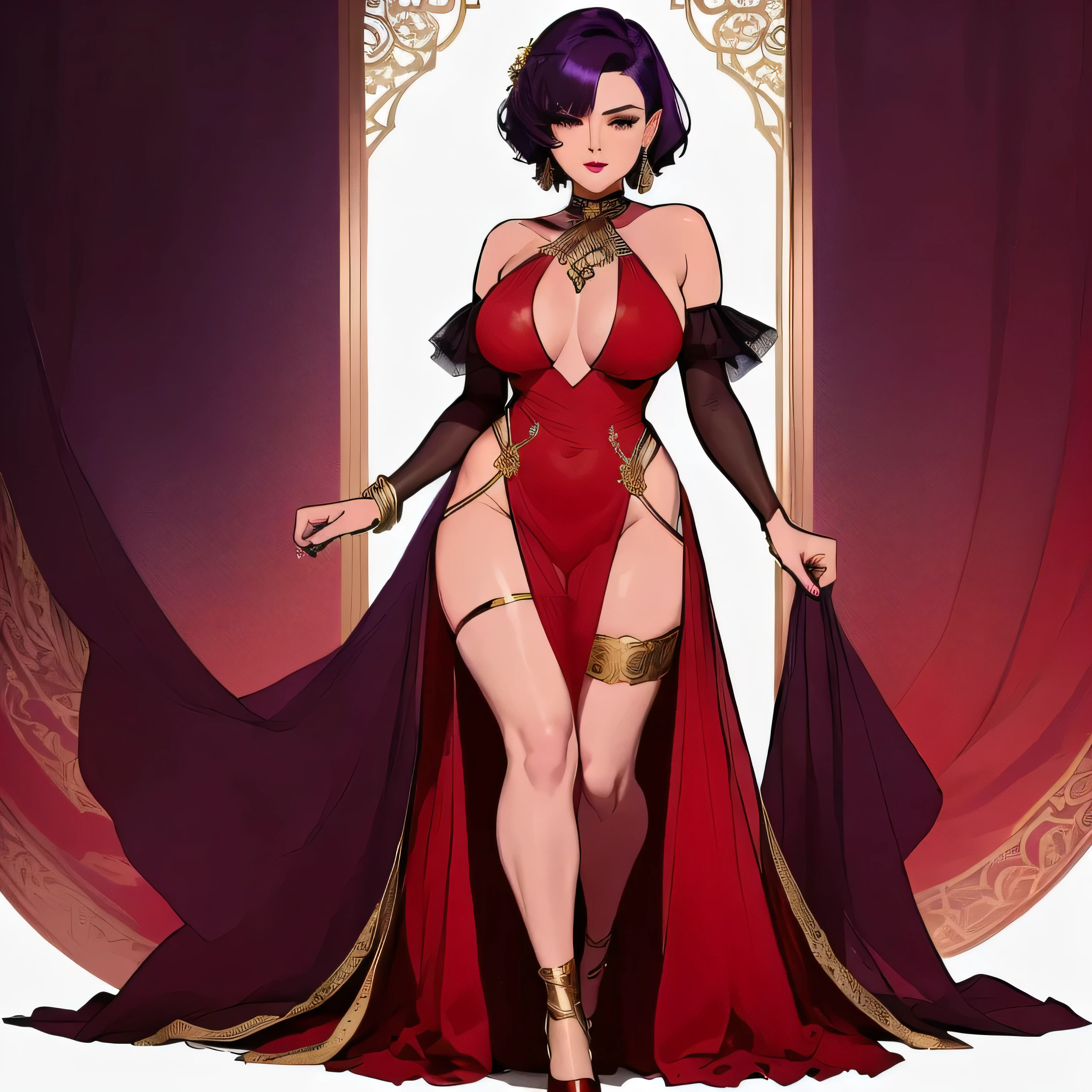 The illustration depicts a woman in a full-body pose, showcasing her striking figure. Her short, dark purple hair frames a confident face with a hint of mischief in her eyes. She's adorned in a captivating red, sheer gown that clings to her curves, revealing a hint of sensuality. The gown's halter neckline plunges low, emphasizing her collarbone and a touch of décolletage. Golden accents adorn the gown, forming a captivating geometric pattern. She complements the look with dark red thigh-high stockings and matching shoes, adding a touch of elegance. The stark white background highlights the vibrant colors of the woman and her attire, creating a visually impactful image.