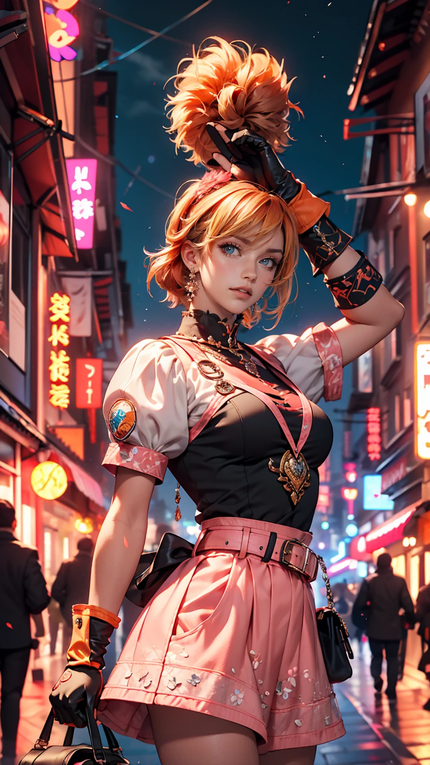 One girl,Cowboy Shot, Beautiful Nora_Valkyrie, View Viewer, smile, short hair, blue eyes,Heart Cutout, gloves, Jacket, Pink Skirt, Pink Belt, Short sleeve, Puffy sleeves, One armband, fingerless gloves, Orange Hair, pink gloves, Dynamic pose, night, Outdoor, city, (Volumetric lighting), highest quality, masterpiece, Intricate details, Tone Mapping, Sharp focus, Super detailed, Trending on Art Station,