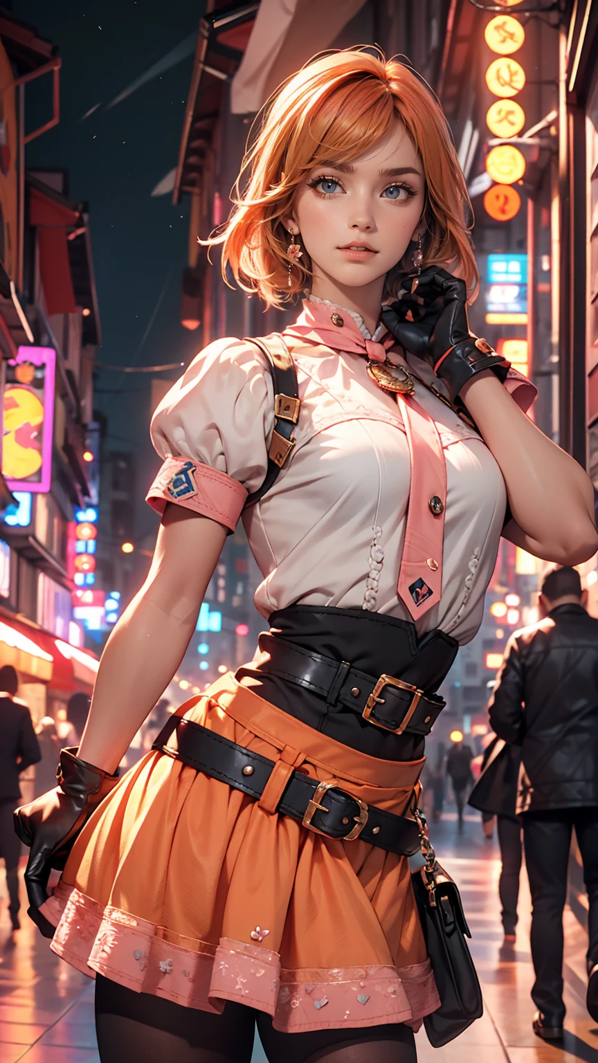 One girl,Cowboy Shot, Beautiful Nora_Valkyrie, View Viewer, smile, short hair, blue eyes,Heart Cutout, gloves, Jacket, Pink Skirt, Pink Belt, Short sleeve, Puffy sleeves, One armband, fingerless gloves, Orange Hair, pink gloves, Dynamic pose, night, Outdoor, city, (Volumetric lighting), highest quality, masterpiece, Intricate details, Tone Mapping, Sharp focus, Super detailed, Trending on Art Station,