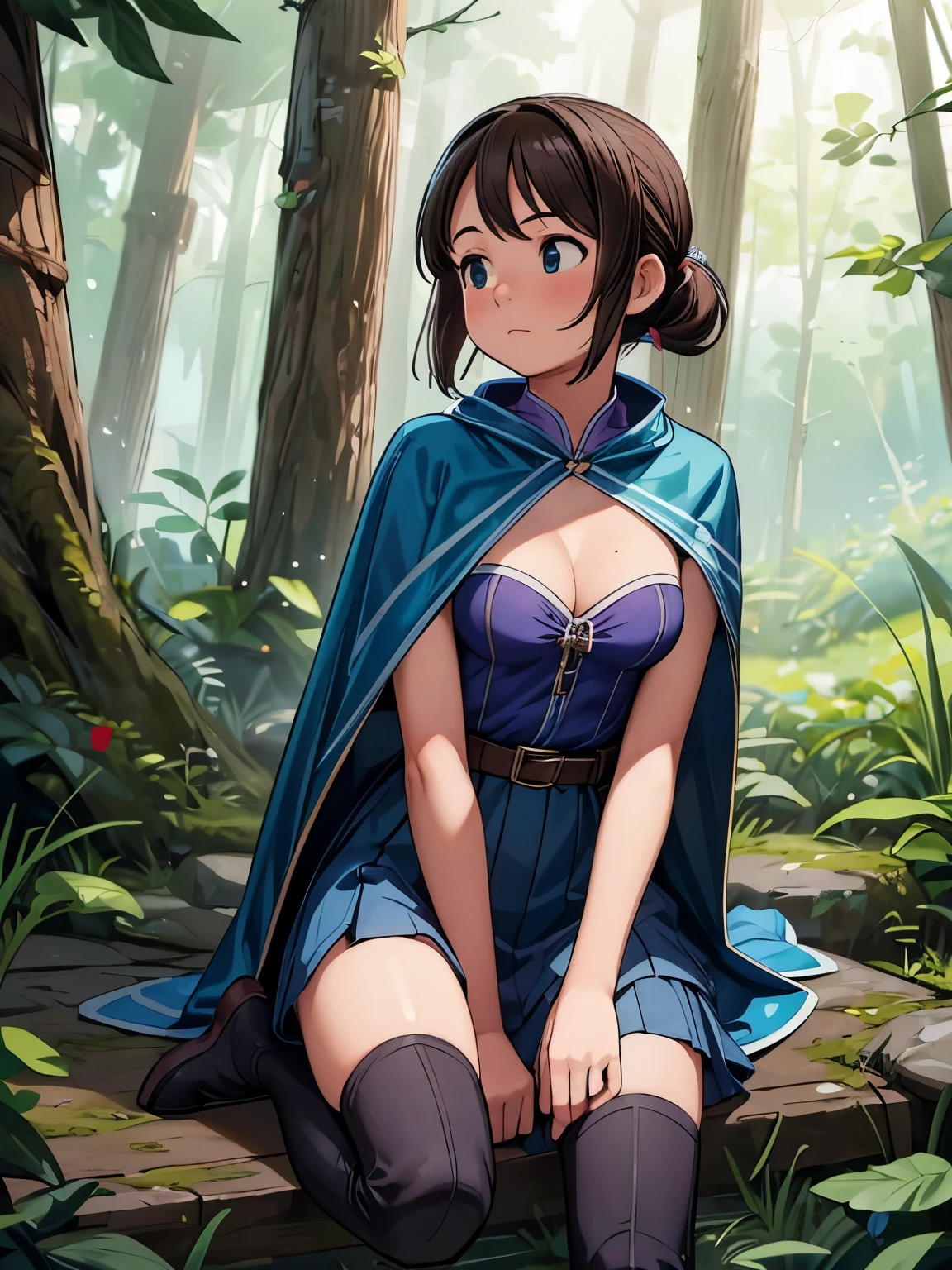 (masterpiece、highest quality、highest quality、Official Art、Beautiful and beautiful:1.2)、(One girl:1.3)Hatsune Miku、Twin tails,Big Breasts,(((highest quality: 1.4))),(比類のないmasterpiece), (Ultra-high resolution),(Ultra-realistic 8K CG),Official Art, (背中にsheathに収められた武器:1.2), internal (dq3), One girl, alone, short hair, Brown Hair, blue eyes, Circlet, Big Breasts, Cleavage, Strapless, Blue clothes, Purple Cape, thighhigh boots, Elbow hand pockets, boots, belt, sheath,, knee boots, In the dark forest,