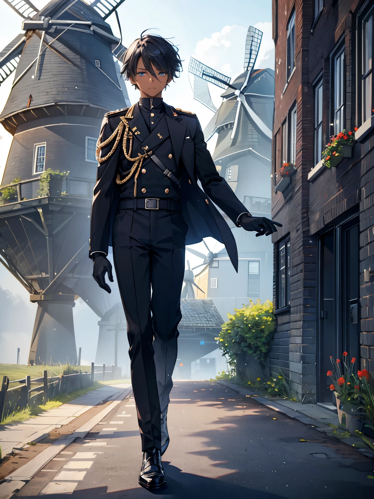1boy, ((Netherlands)), ((windmill)), full body, black boy, military jacket, white gloves, Cobalt blue eyes, black hair, short hair, ((dark skin)), ((black man)), trousers